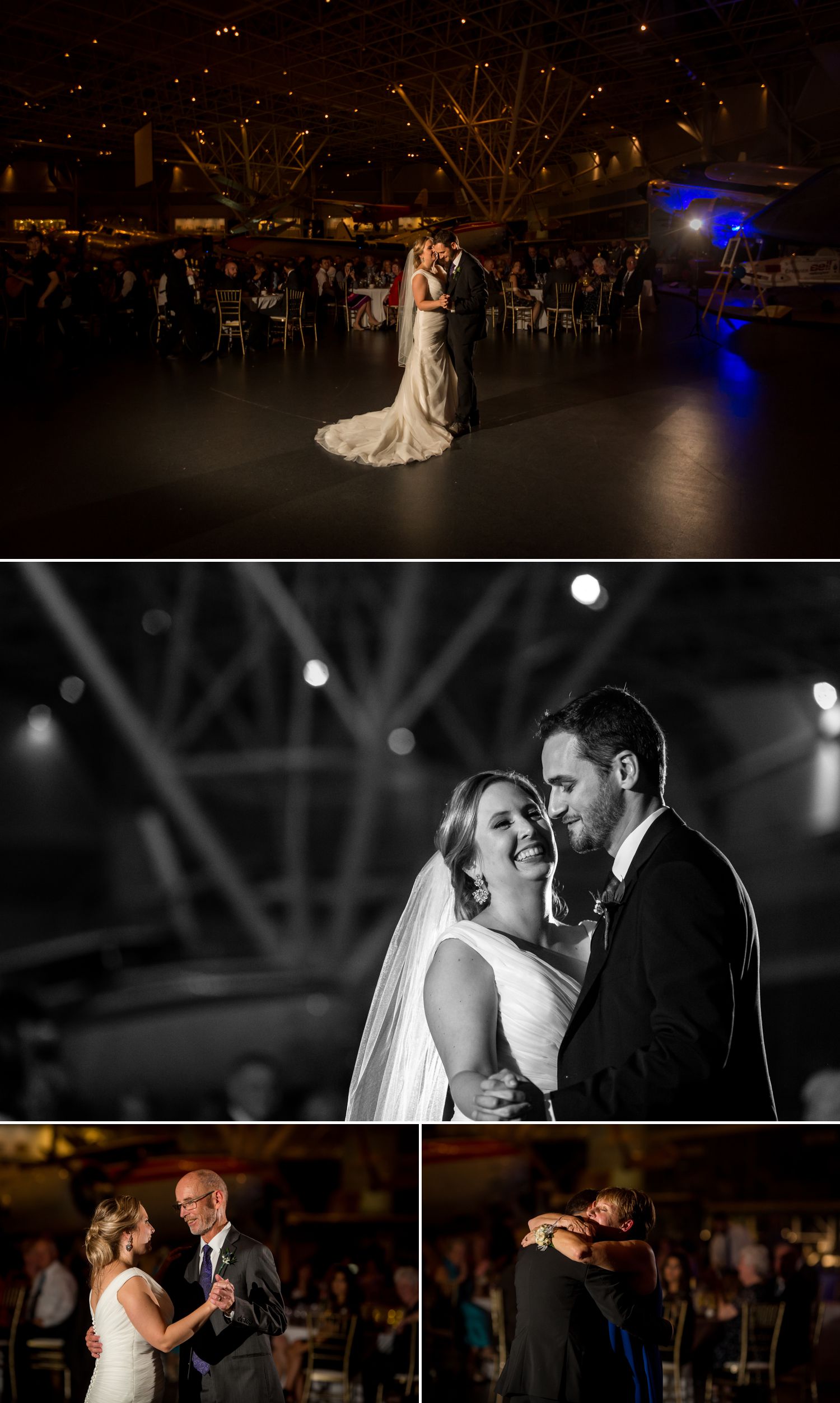 The bride and groom during their first dances at their wedding reception inside the Canadian Aviation and Space Museum in downtown Ottawa