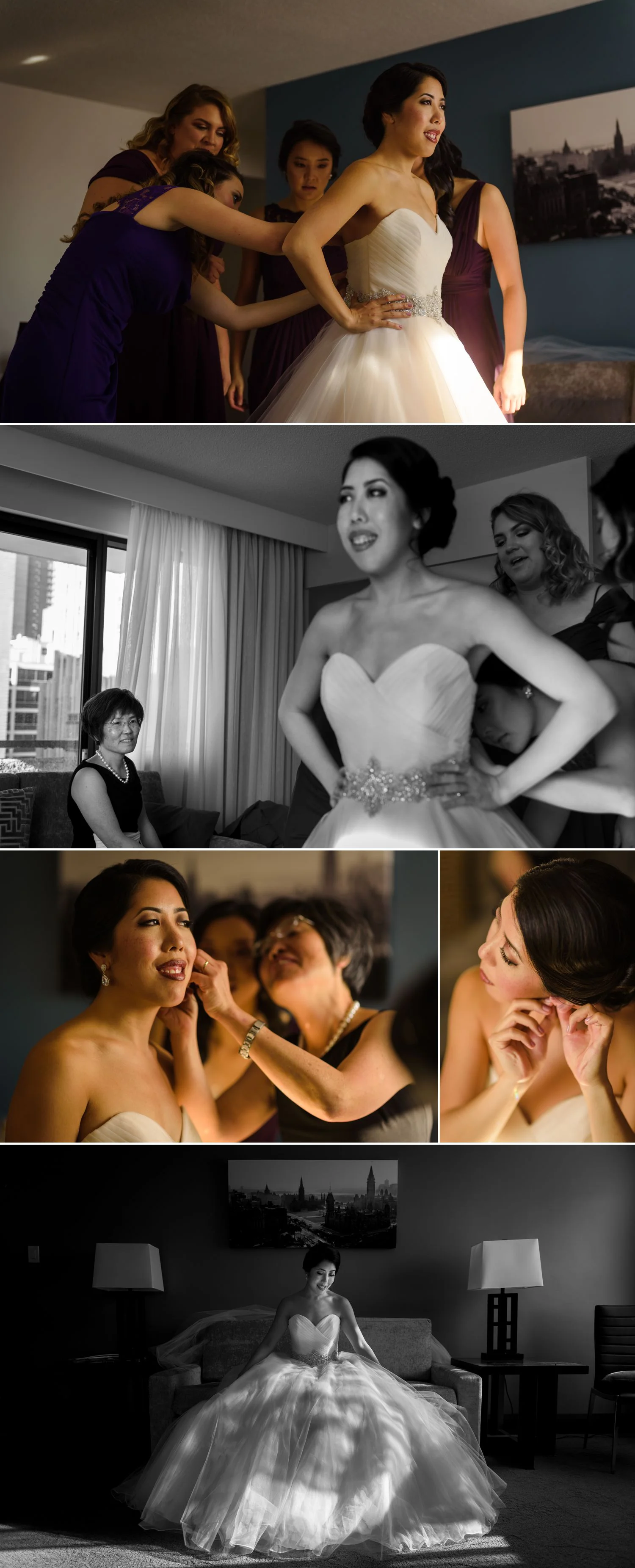 The bride with her bridesmaids and family, getting ready together at their home in Ottawa