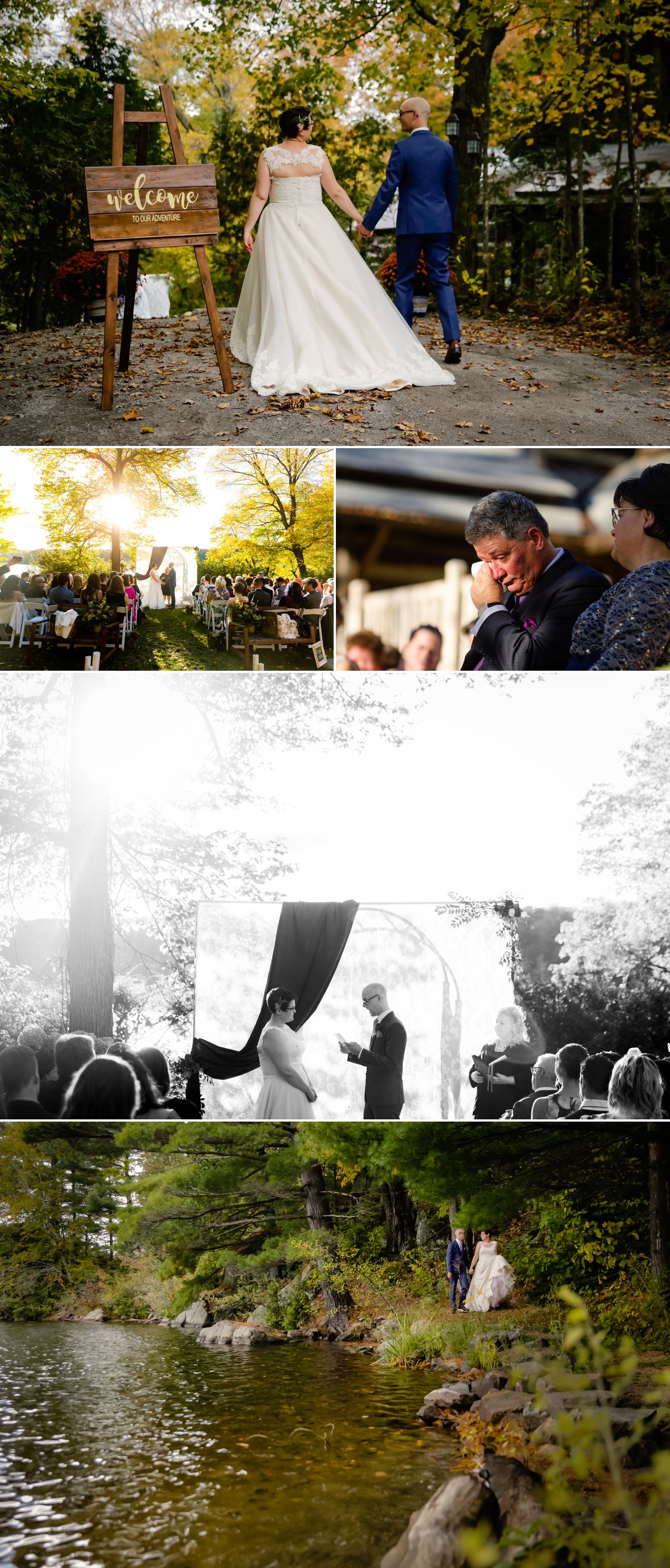 An outdoor wedding ceremony taking place in the fall at La Grange de la Gatineau