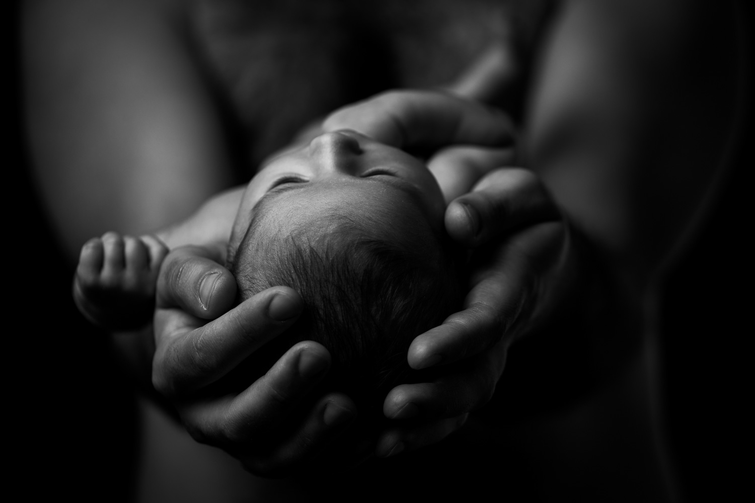 newborn babies head resting in her fathers hands