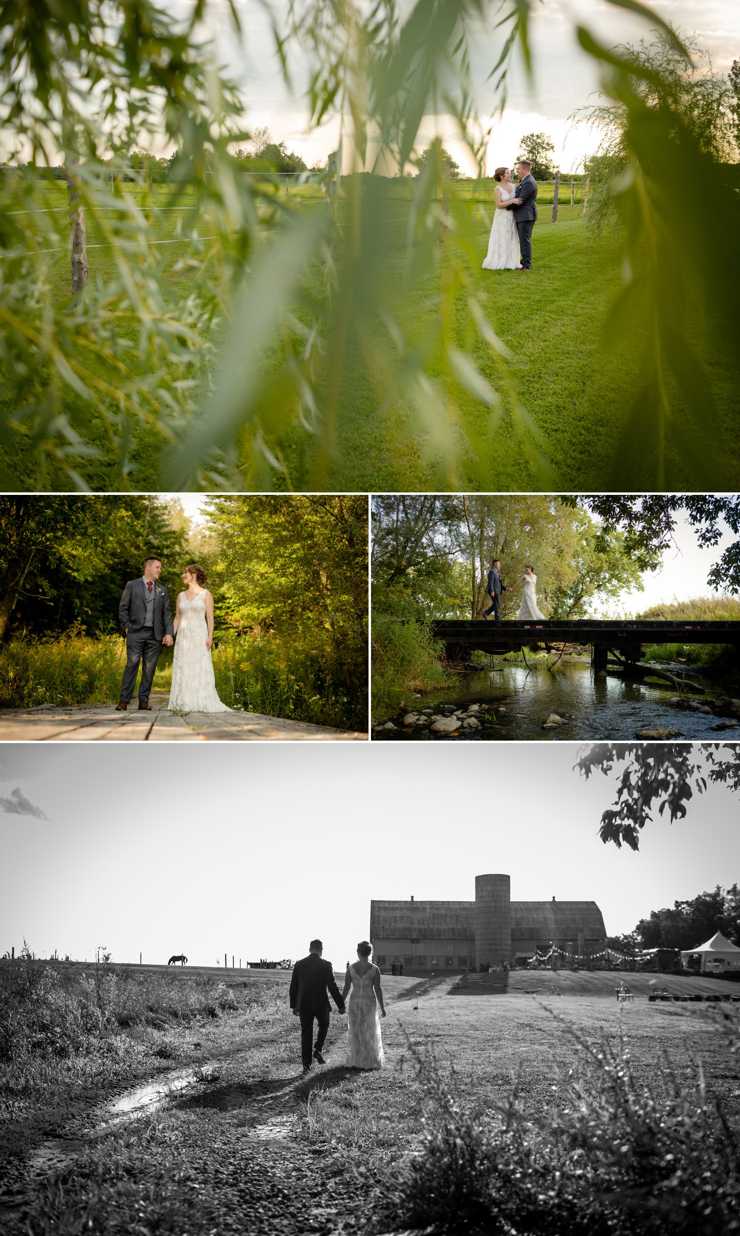 Portraits of the bride and groom outside on the grounds of Haymow Farm in Ottawa