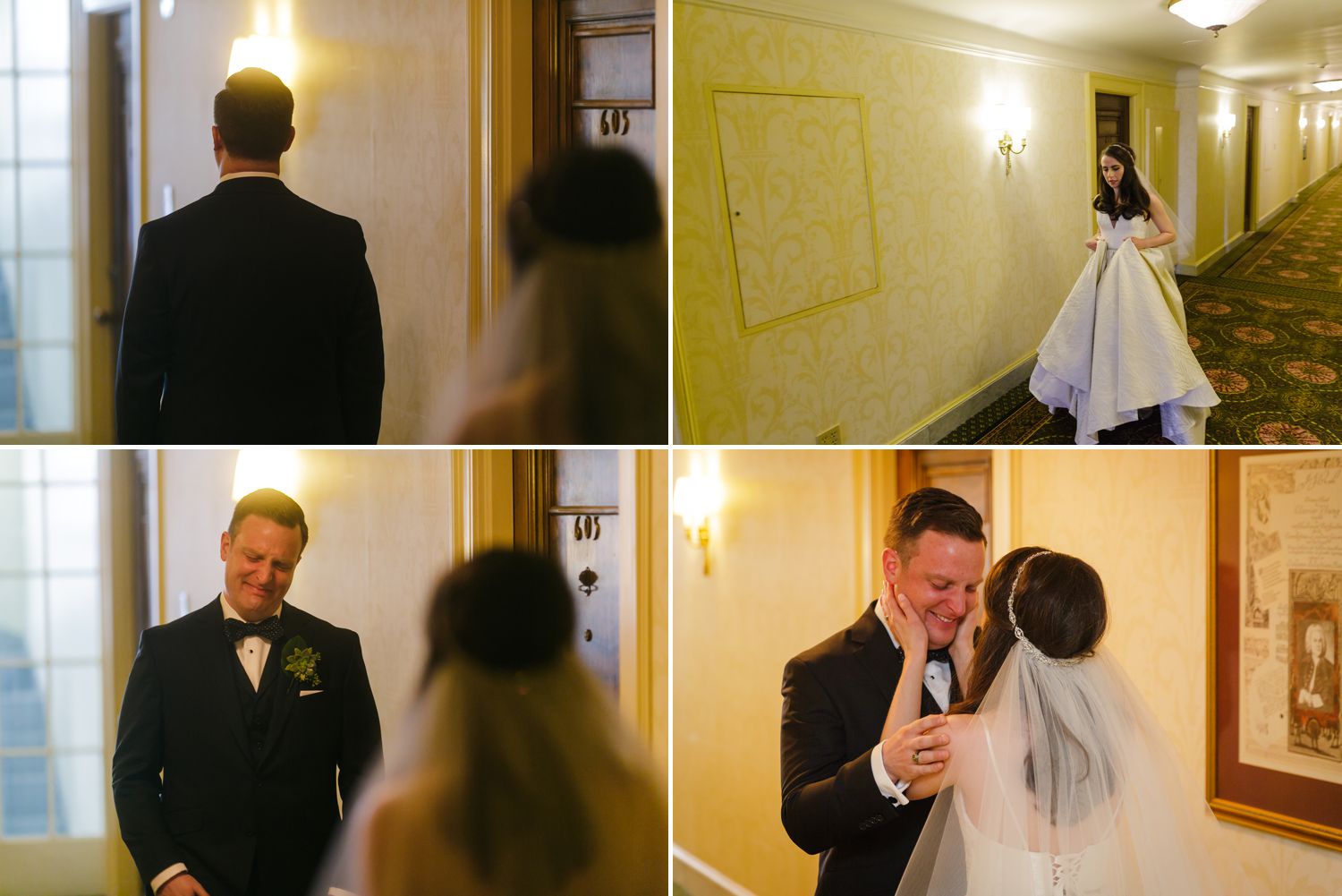 The bride and groom during their first look taking place inside the Chateau Laurier in downtown Ottawa