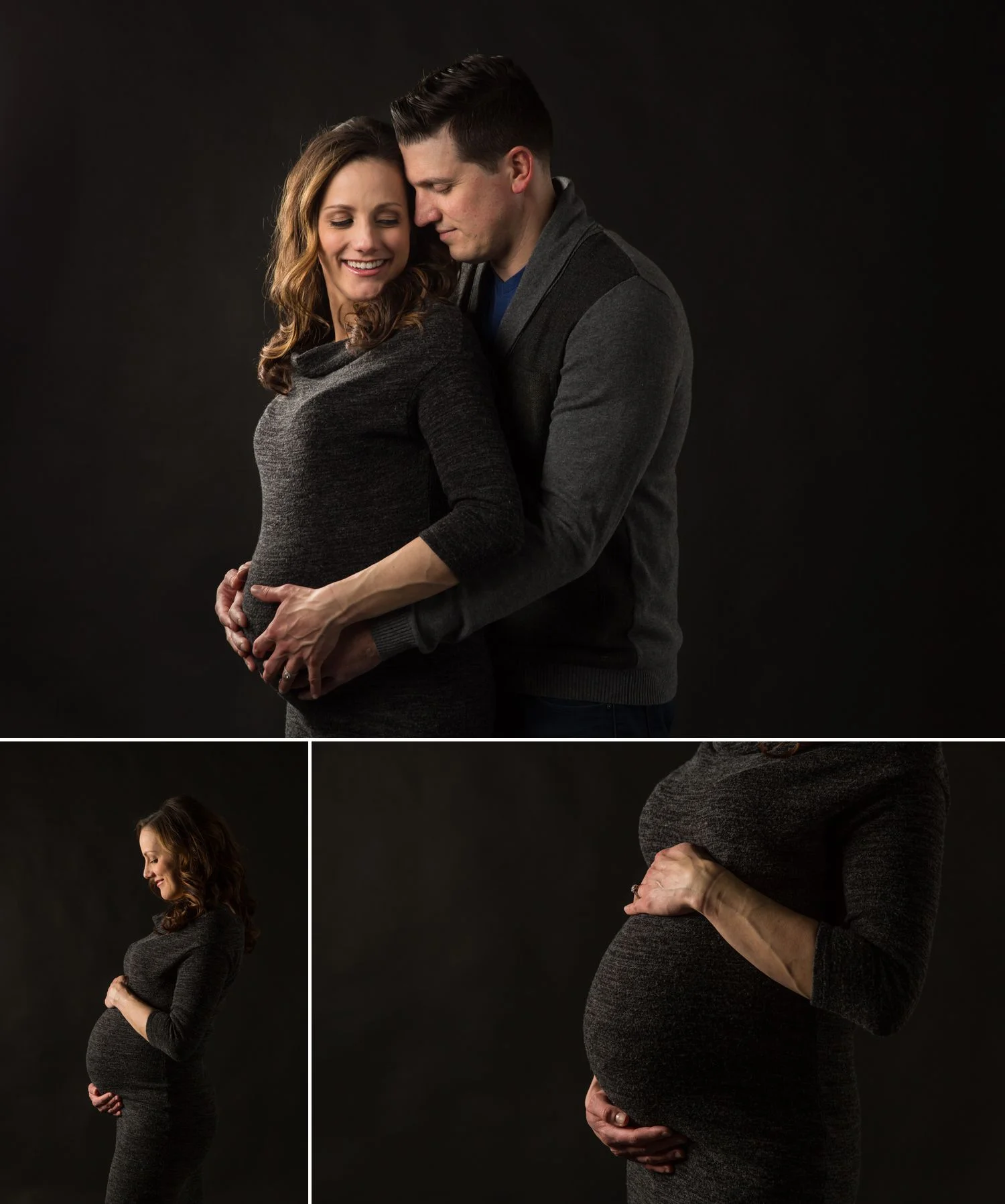 couples maternity photography on a black background