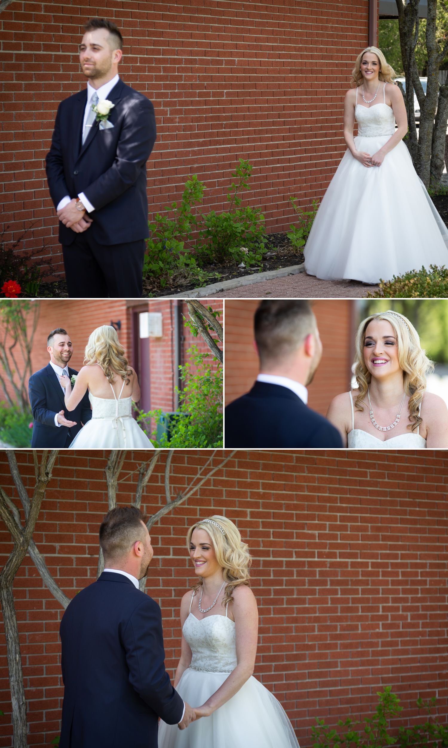 The bride and groom during their first look at Orchard View Wedding and Conference Centre