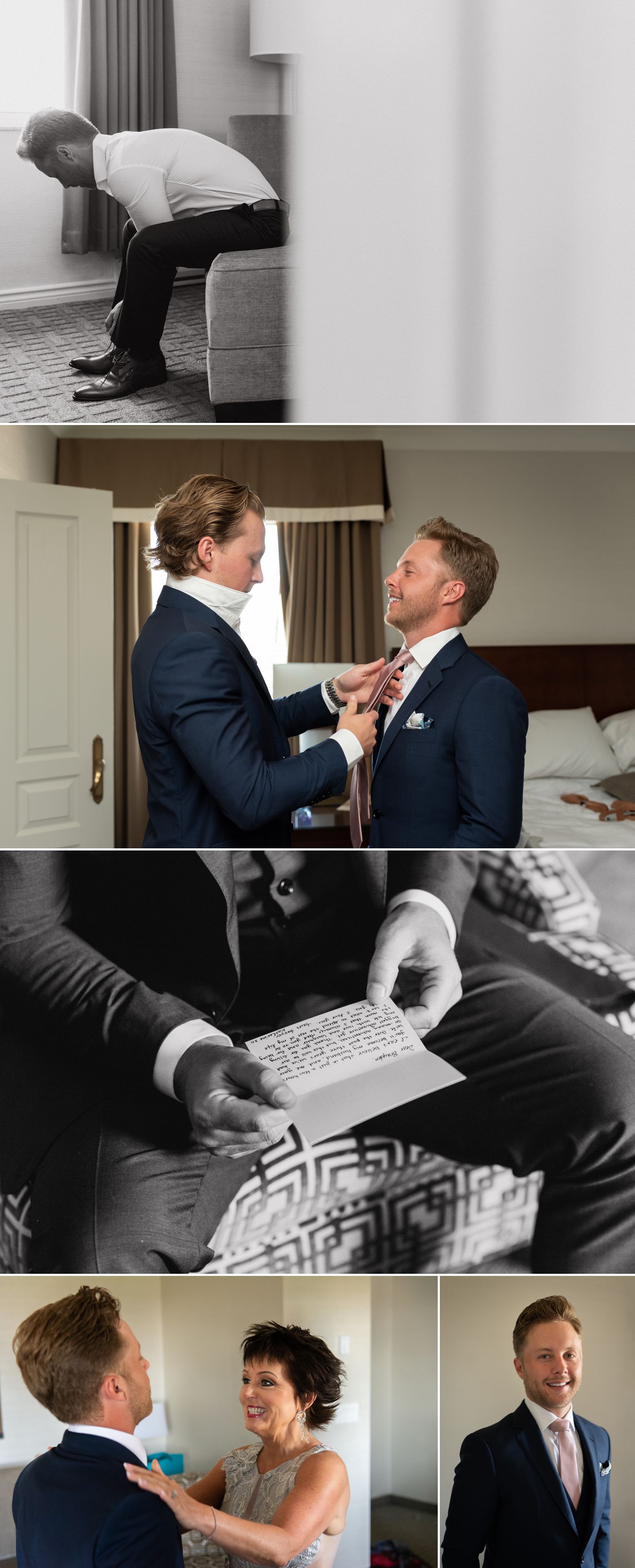 The groom getting ready with his groomsmen and family at a downtown Ottawa hotel