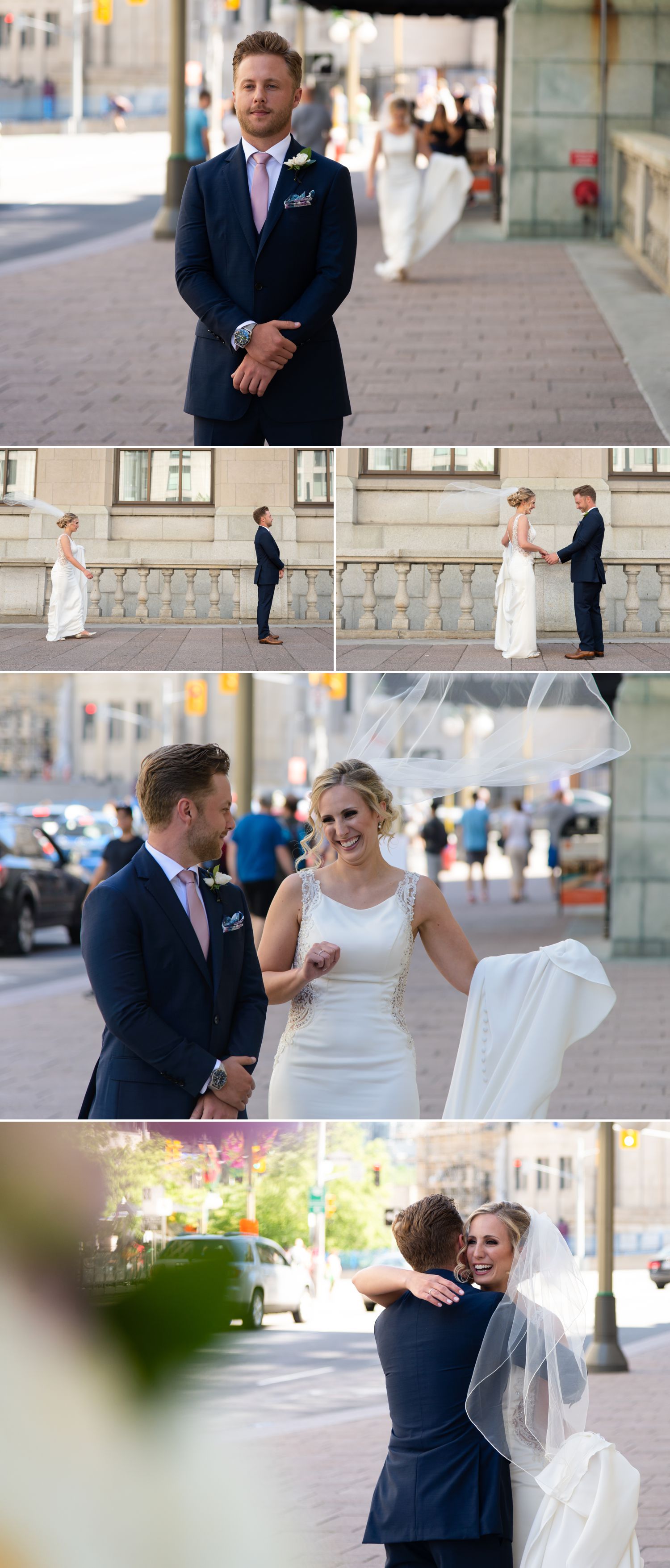 The bride and groom during their first look in front of The Chateau Laurier in downtown Ottawa