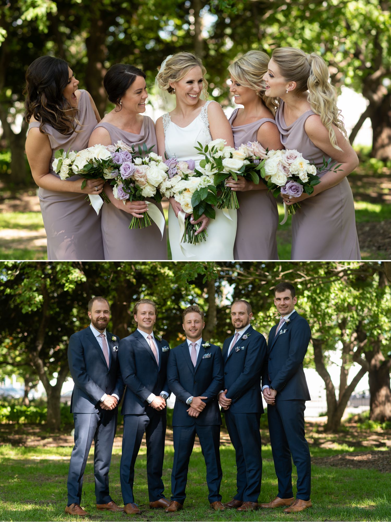 Portraits of the bride and groom with their wedding party taken in Confederation park in downtown Ottawa