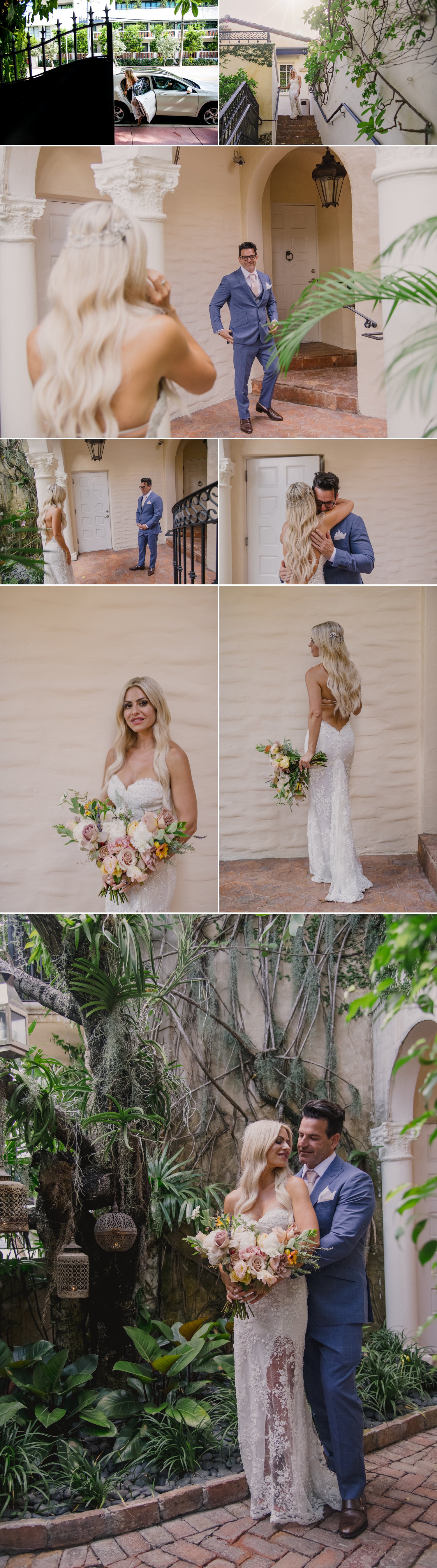 wedding couple having first look before wedding ceremony in miami