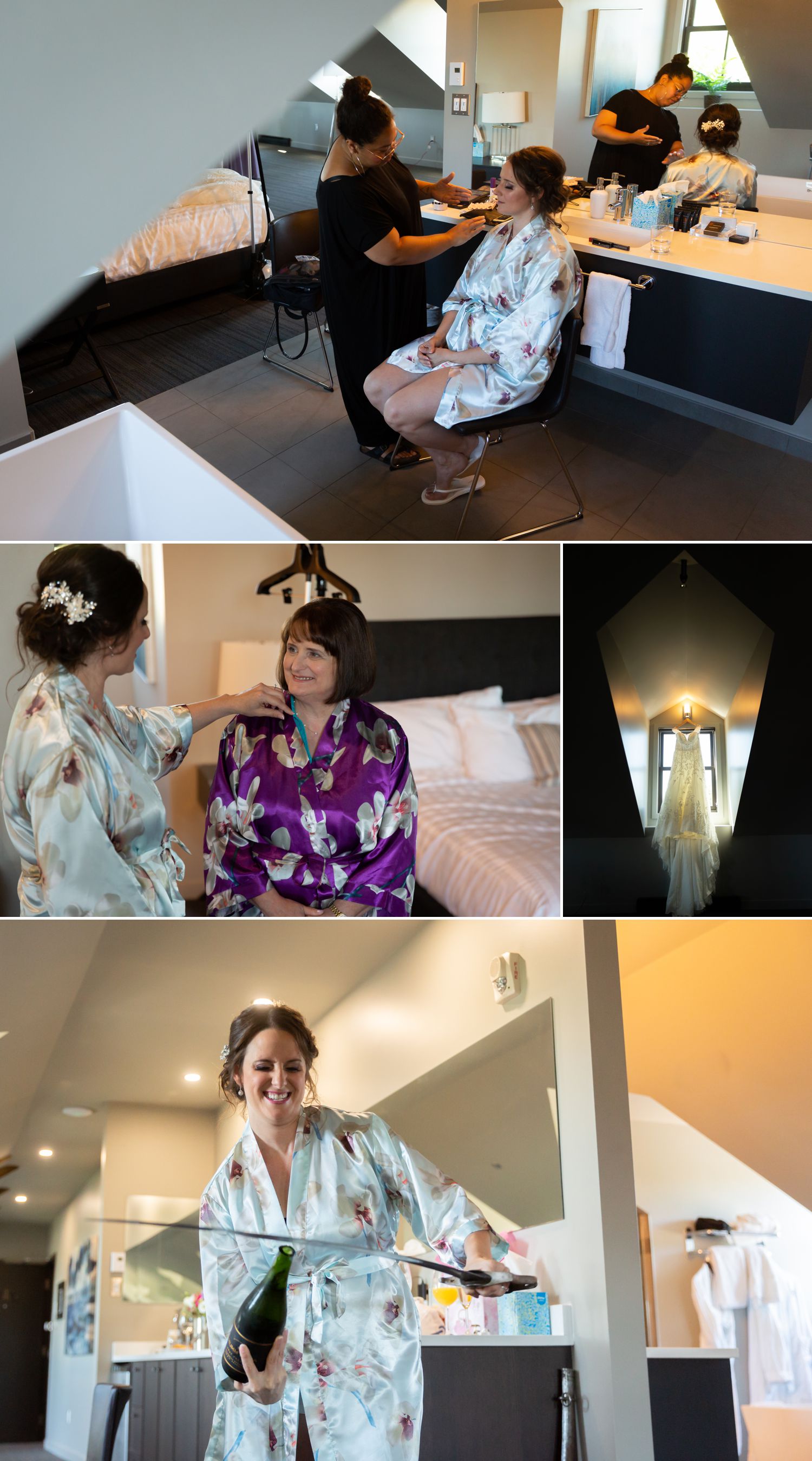 The bride with her bridesmaids and family getting ready at The British Hotel in Gatineau, Quebec