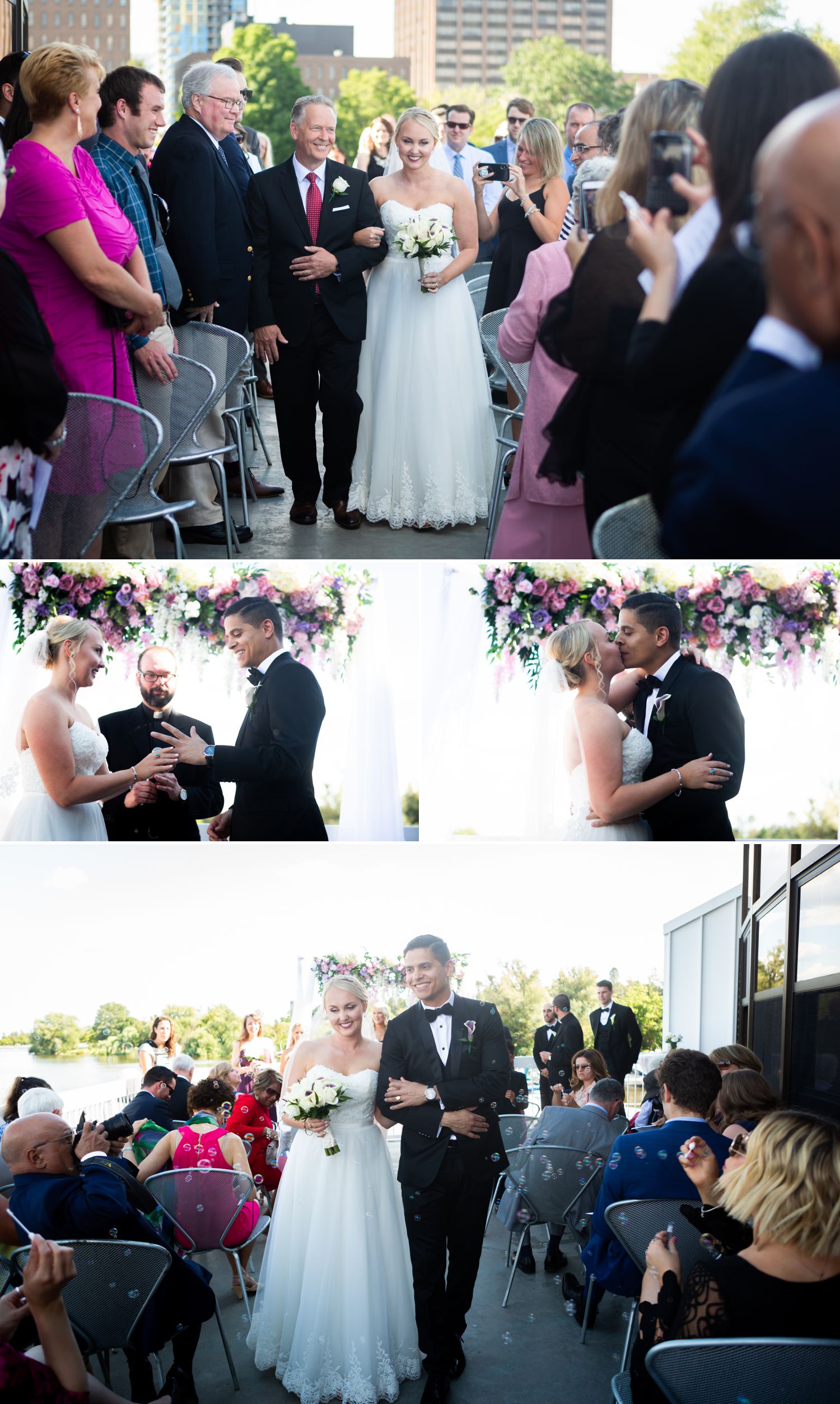 A wedding ceremony taking place outside on the terrace at Lago Bar &amp; Grill in Ottawa, ON