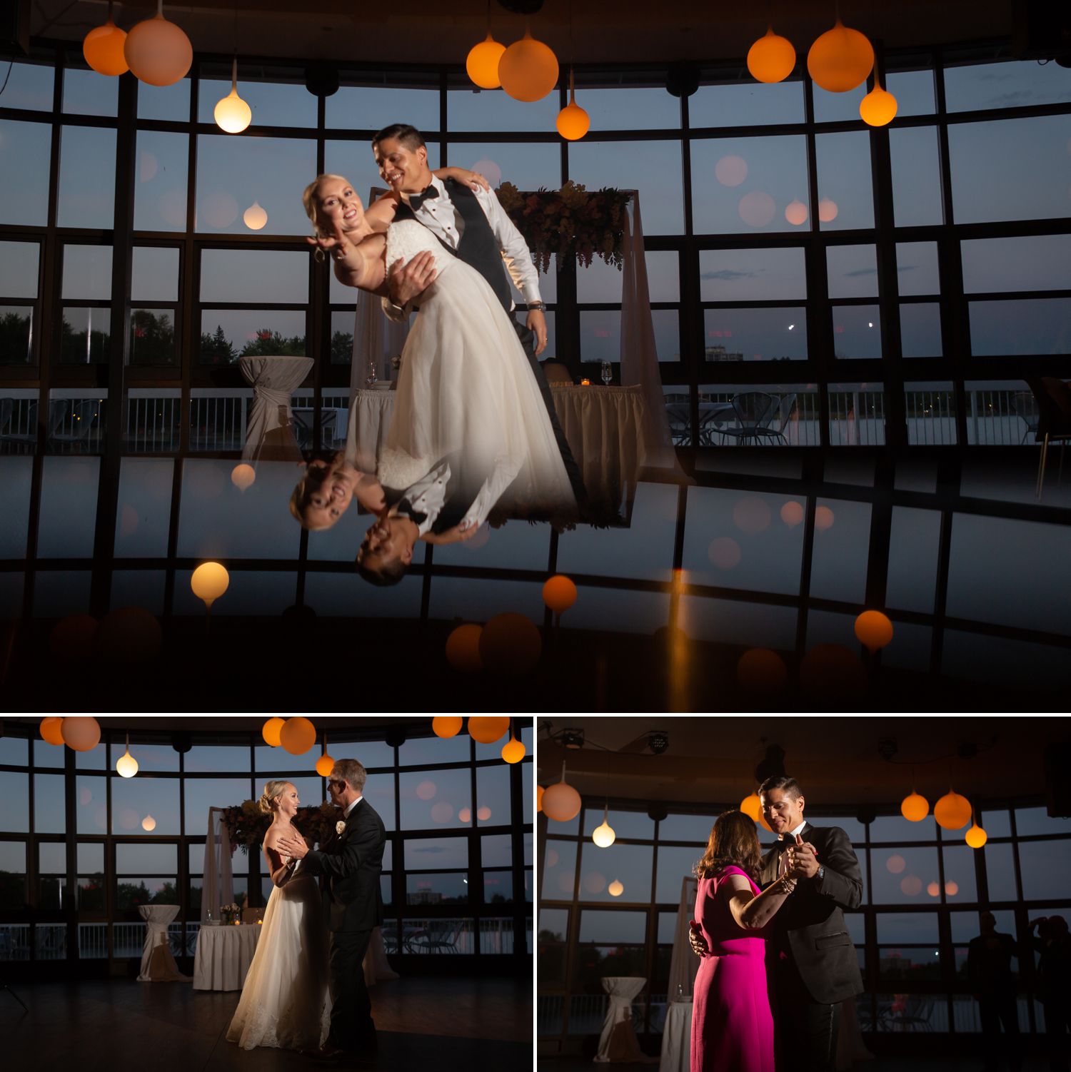 The bride and groom during their first dance at their wedding reception at Lago Bar &amp; Grill in Ottawa 