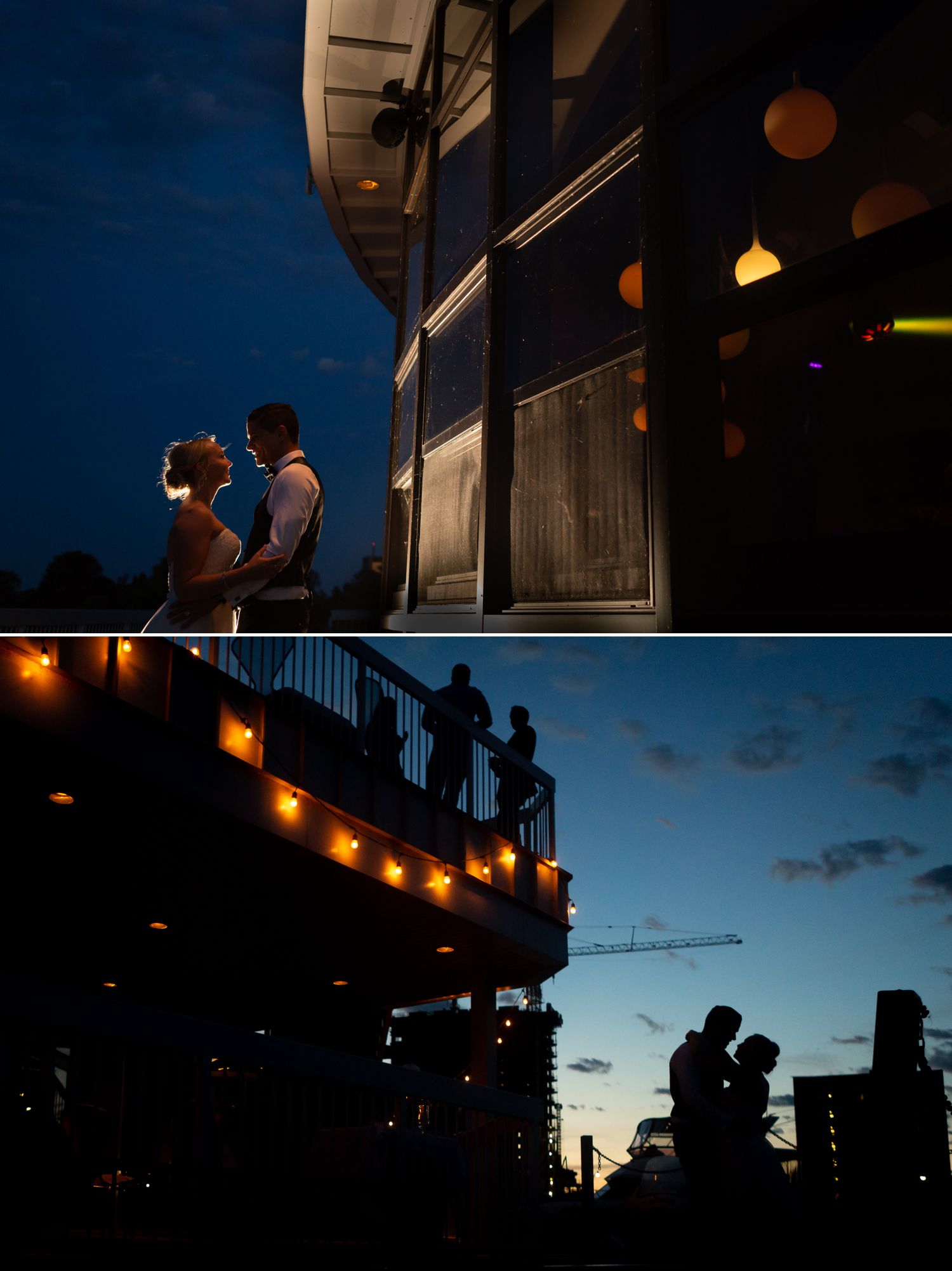 Portraits of the bride and groom taken at night outside Lago Bar &amp; Grill in Ottawa