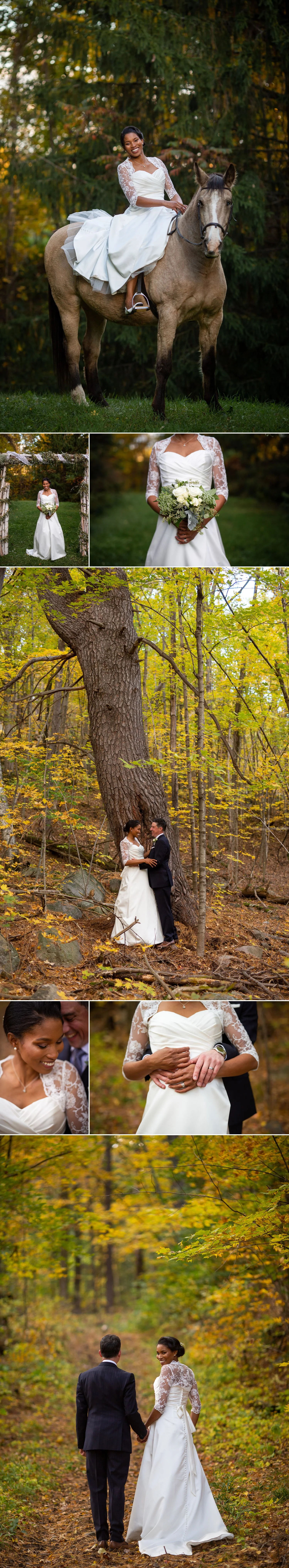 Portraits of the bride and groom taken after their outdoor fall wedding ceremony at their family farm