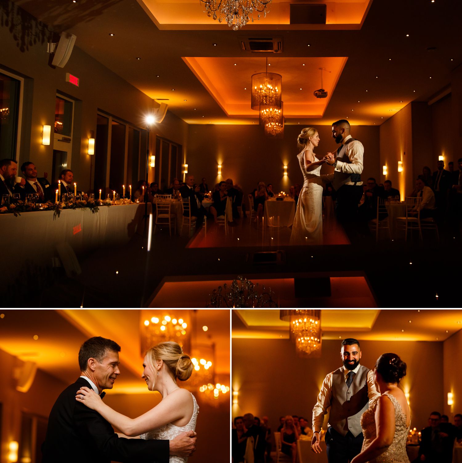 The bride and groom during their first dances at their wedding reception at Le Belvedere
