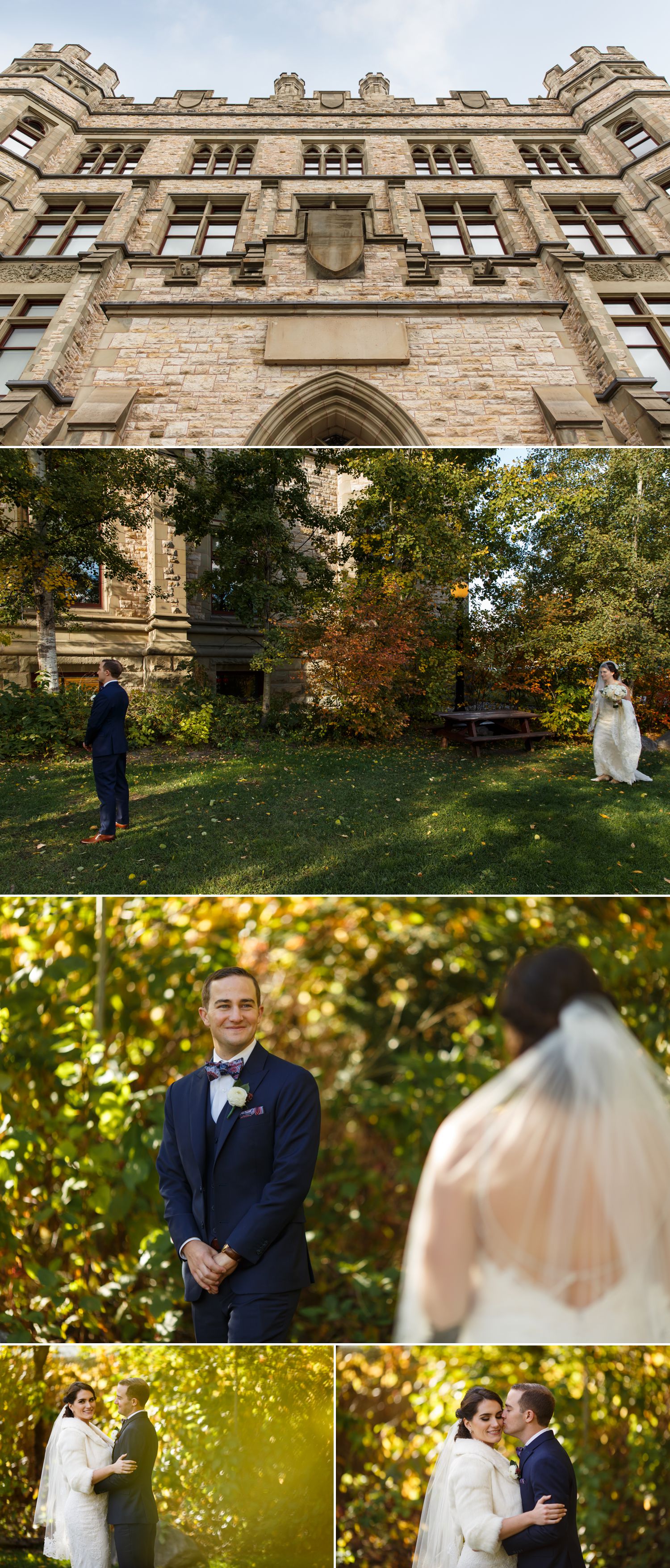 The bride and groom during their first look outside the Museum of Nature in downtown Ottawa