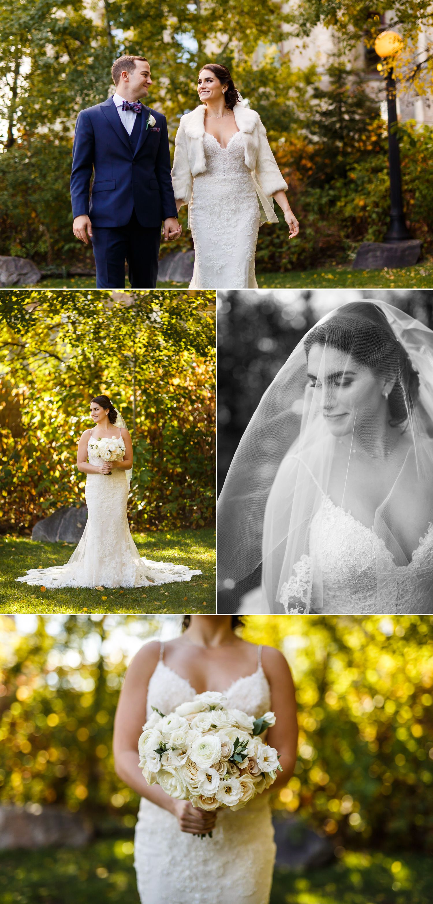 Bridal portraits taken in the fall outside The Museum of Nature