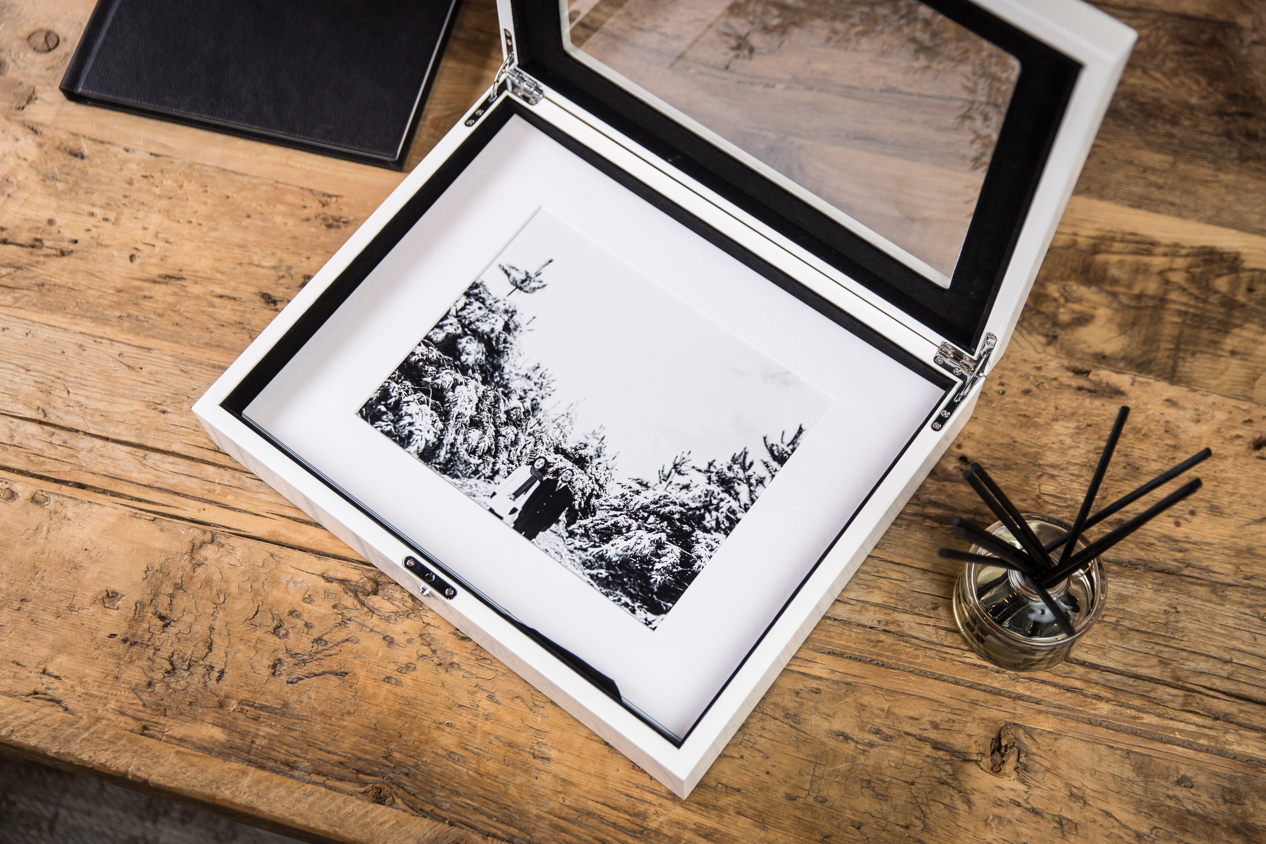 engagement portraits in a display box