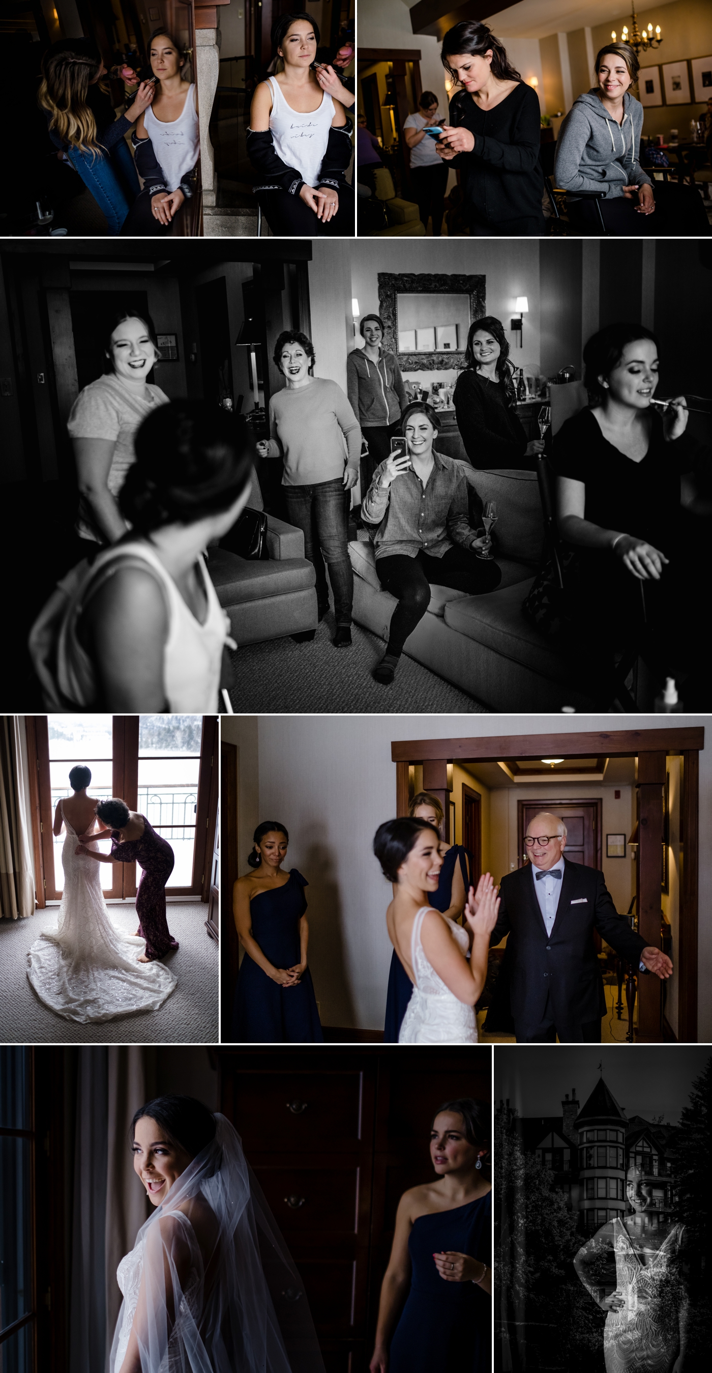 candid moments during a bride getting ready for her wedding at the hotel quintessence in mont tremblant quebec