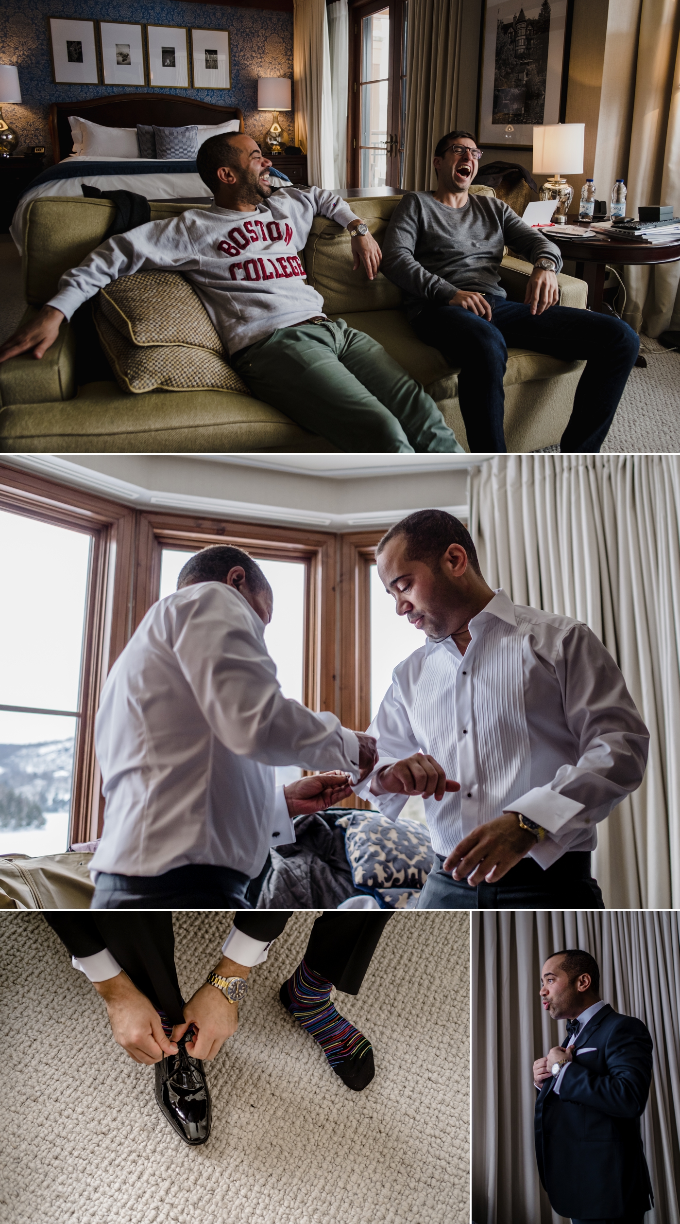 candid moments during a groom getting ready for his wedding at the hotel quintessence in mont tremblant quebec