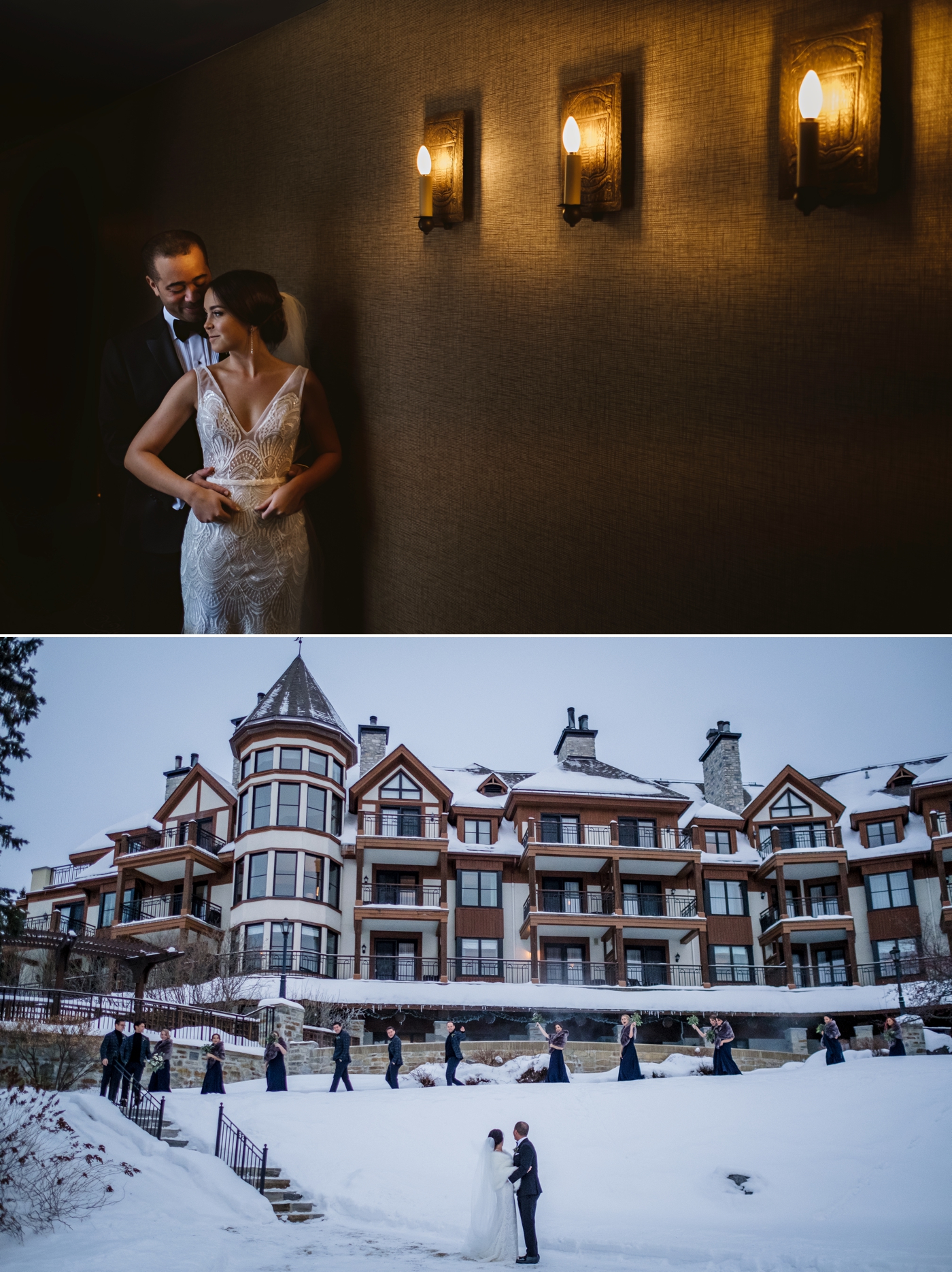 winter portraits of a bride and groom at the hotel quintessence in mont tremblant quebec
