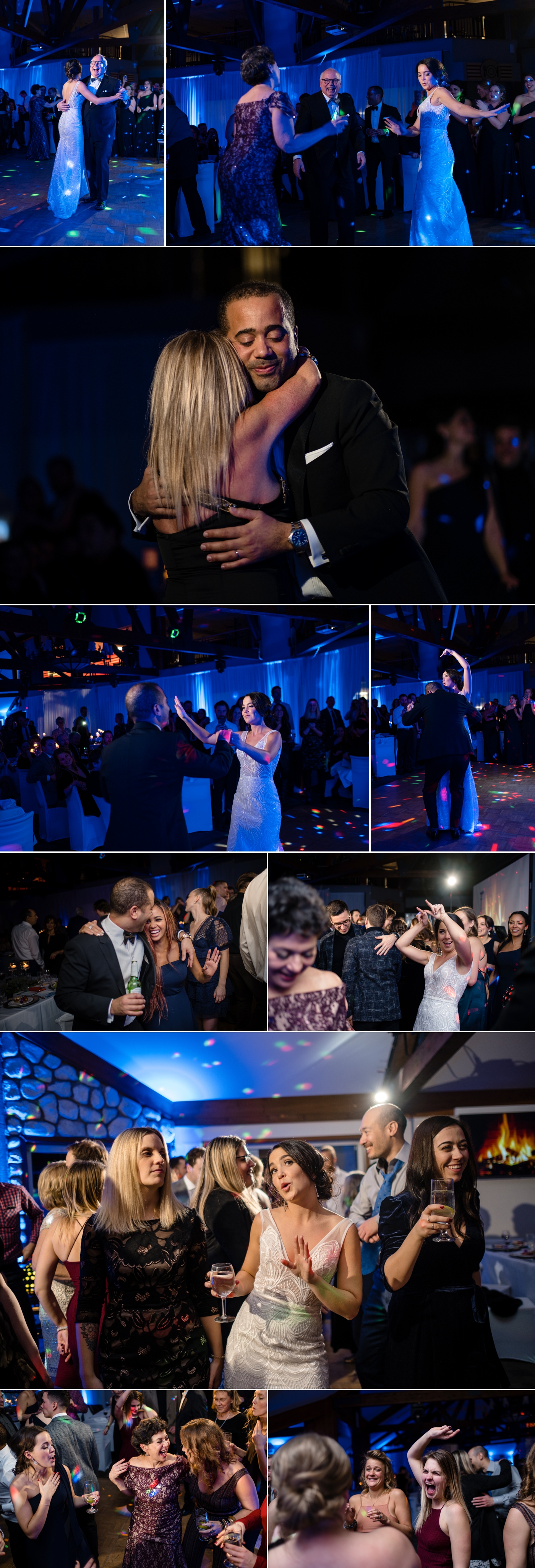 candid dance floor moments during a winter wedding reception at the grand manitou in mont tremblant quebec
