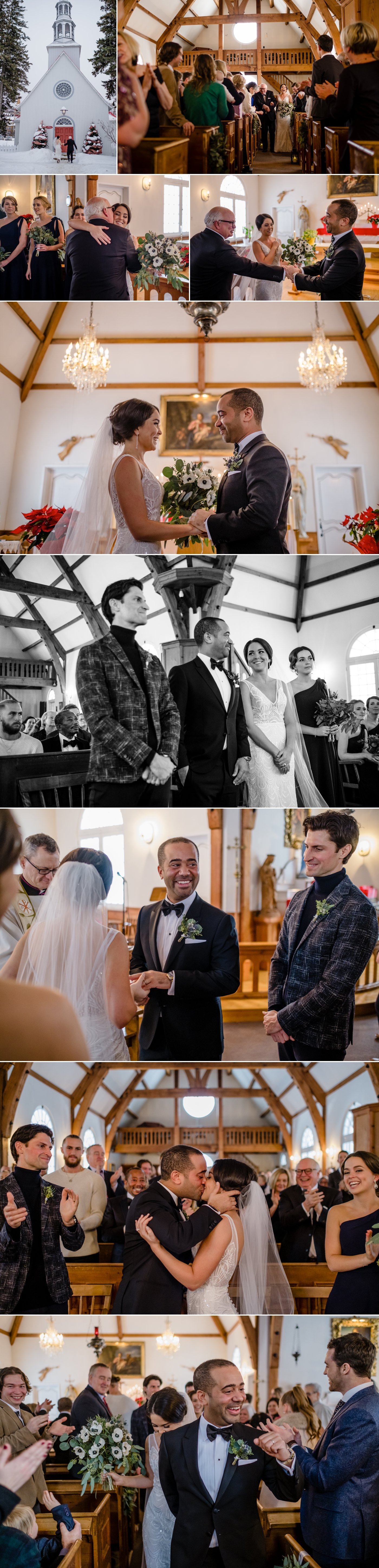 candid moments during a winter wedding ceremony at the chapelle saint bernard in mont tremblant quebec