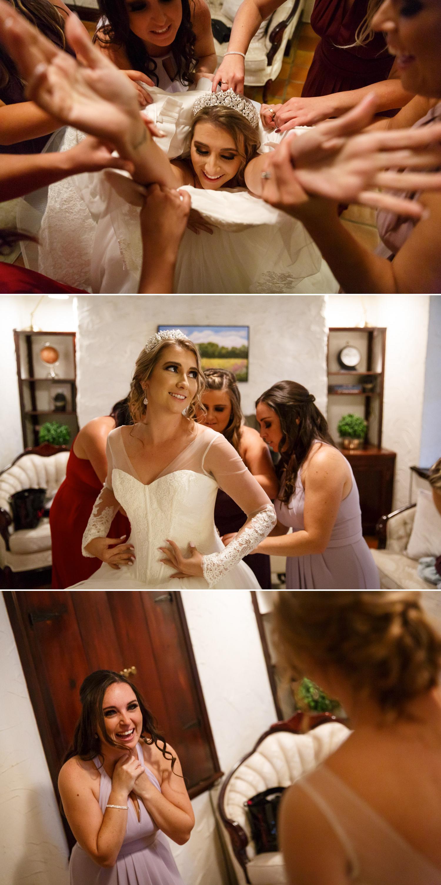 bride getting her makeup done and wedding dress on