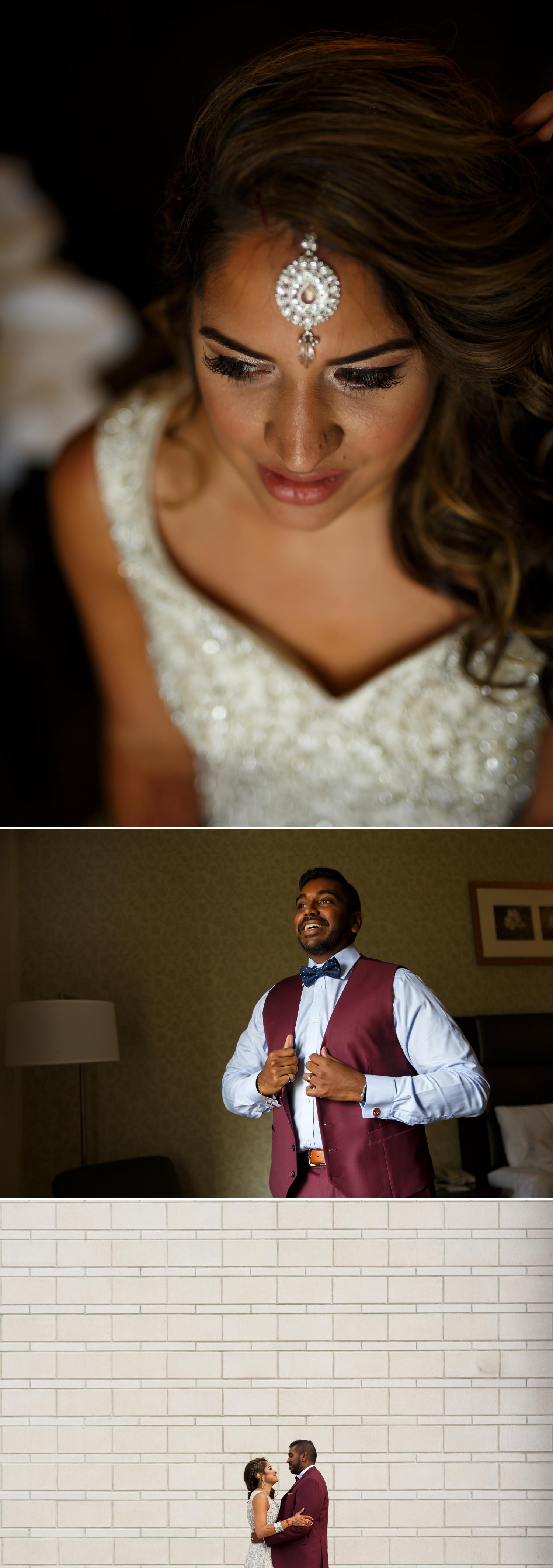 photos of an indian bride and groom getting ready for their wedding reception