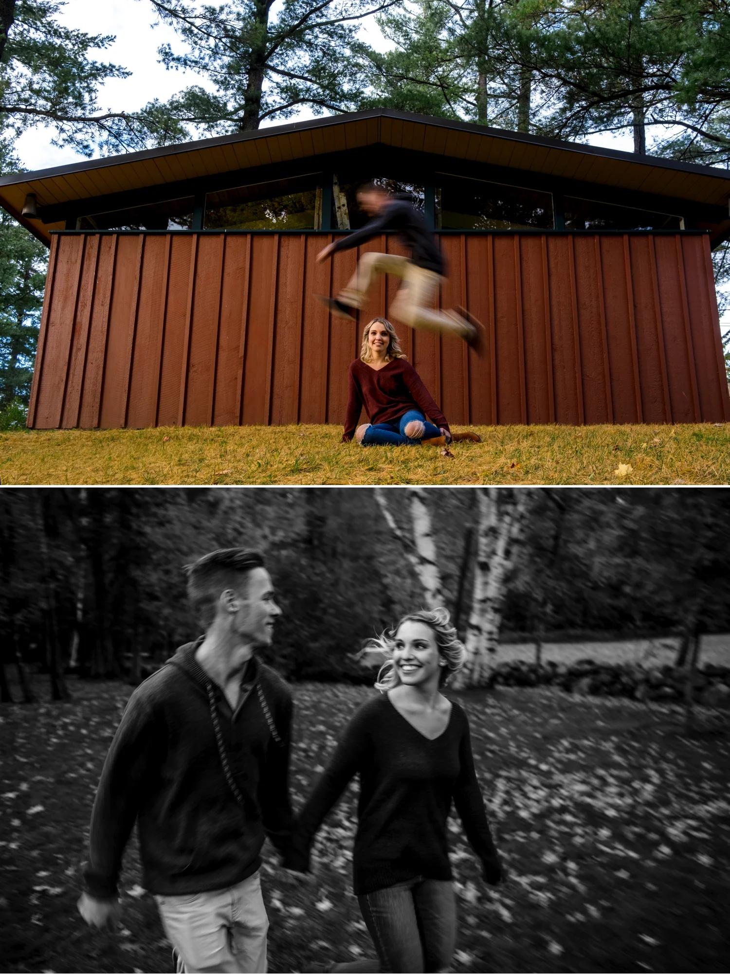 super happy engaged couple on the grounds of mackenzie king estate in gatineau park during the fall