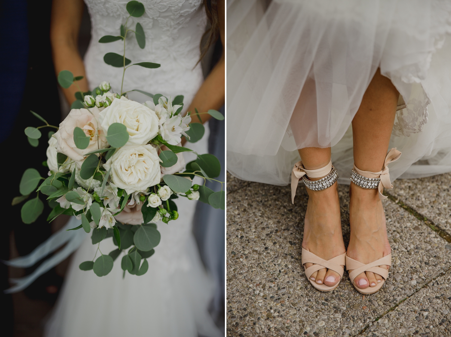 photo of the brides flowers and shoes at the ravine vineyard in niagara on the lake ontario