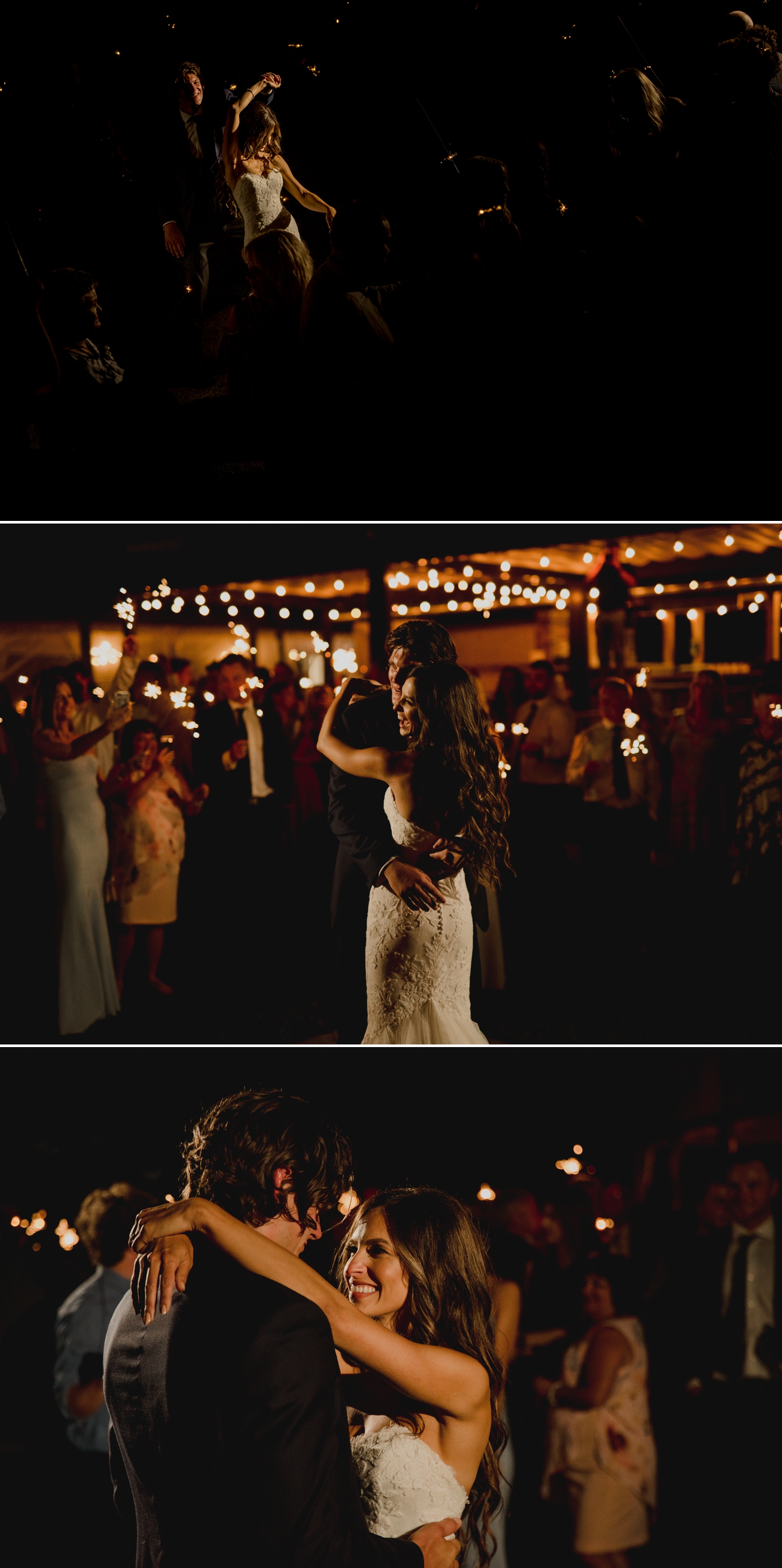 photos of bride and groom having their first dance at night at the ravine vineyard in niagara on the lake ontario