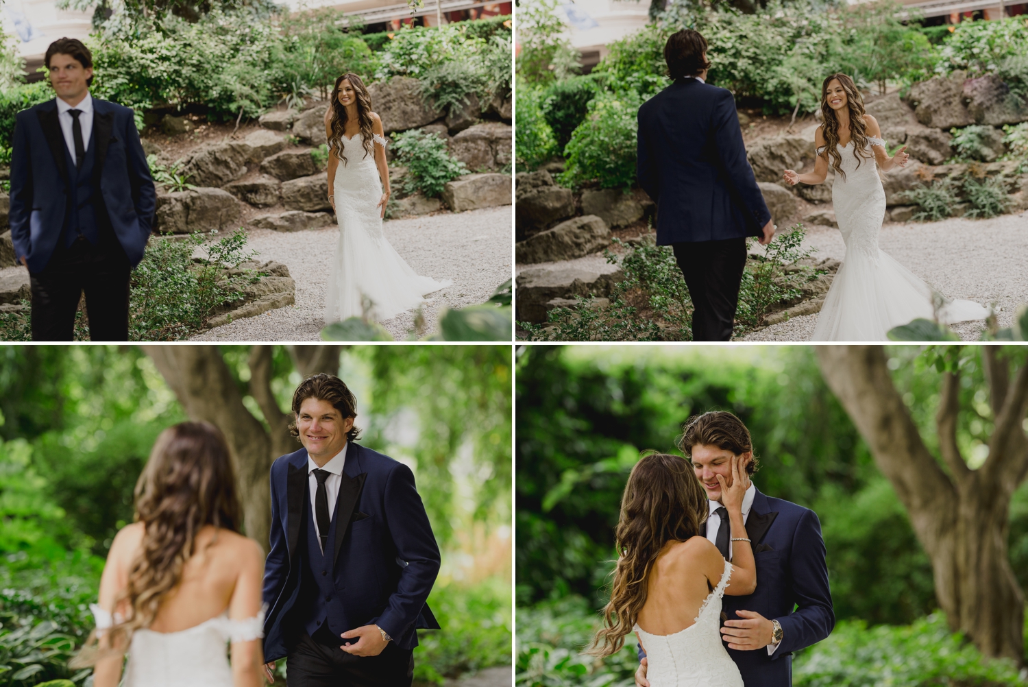 photos of the brides and groom during their first look at a park near niagara falls ontario