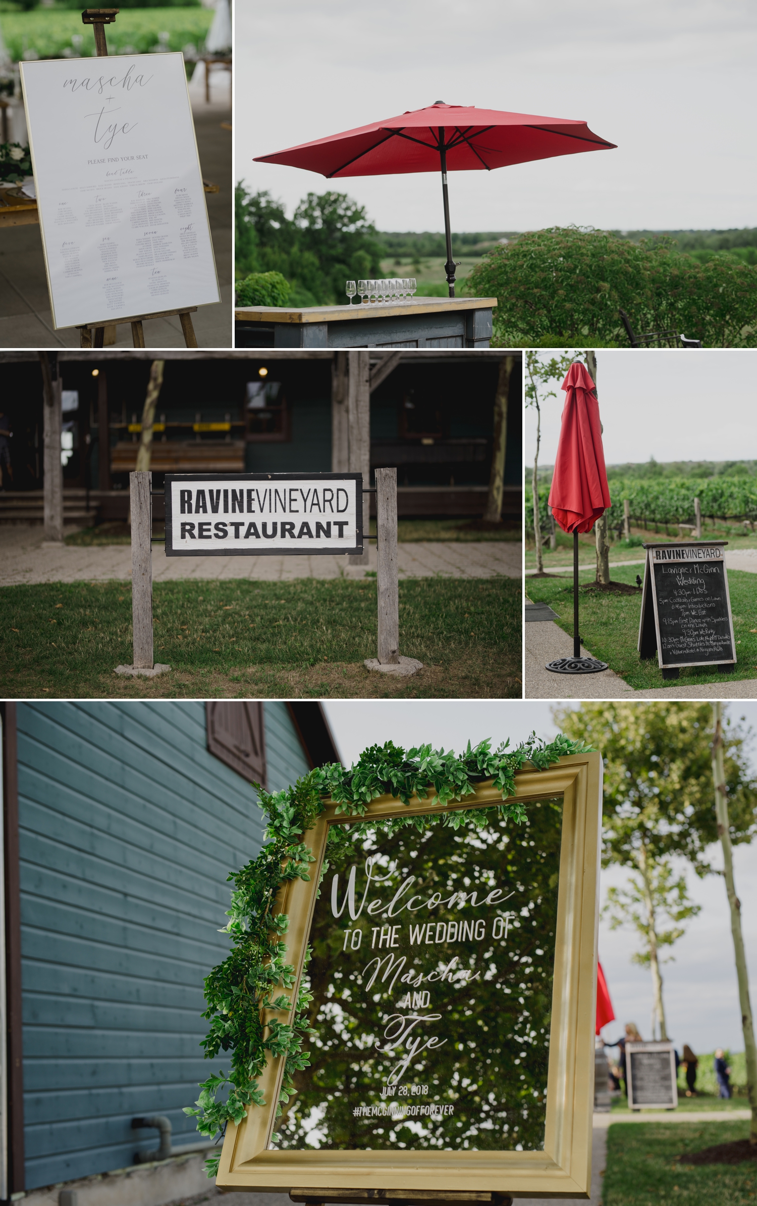 photos of some wedding details at the ravine vineyard in niagara on the lake ontario