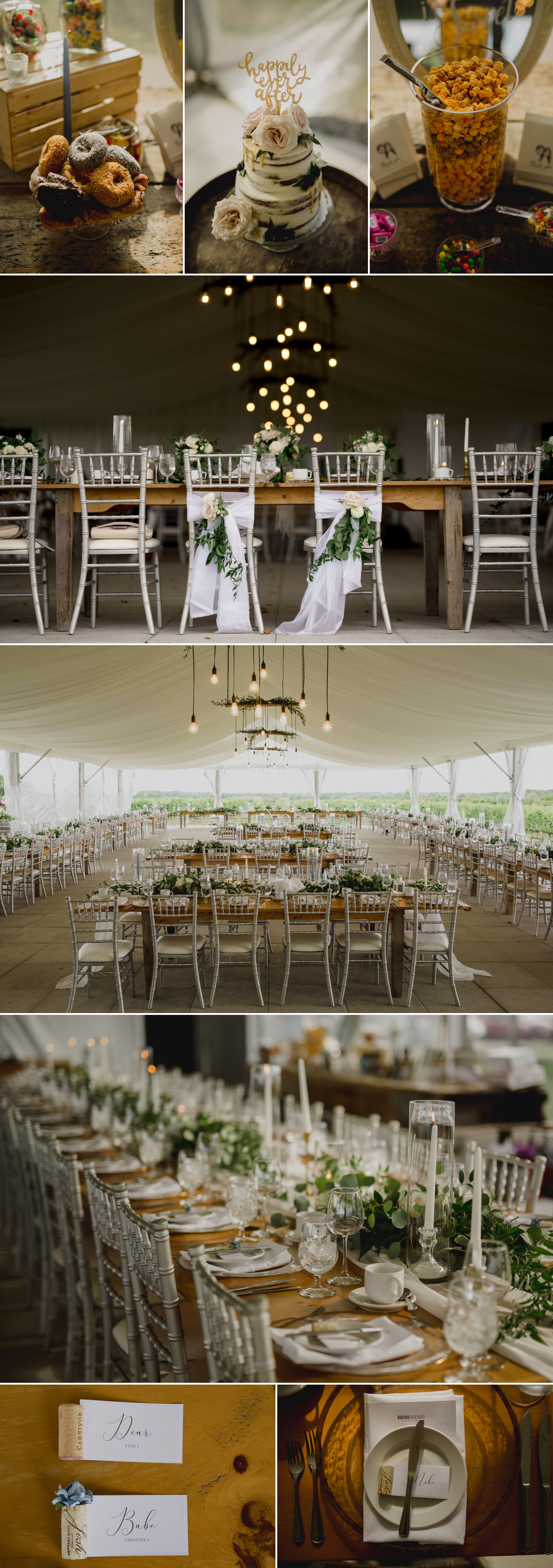 photos of the wedding reception decor at the ravine vineyard in niagara on the lake ontario