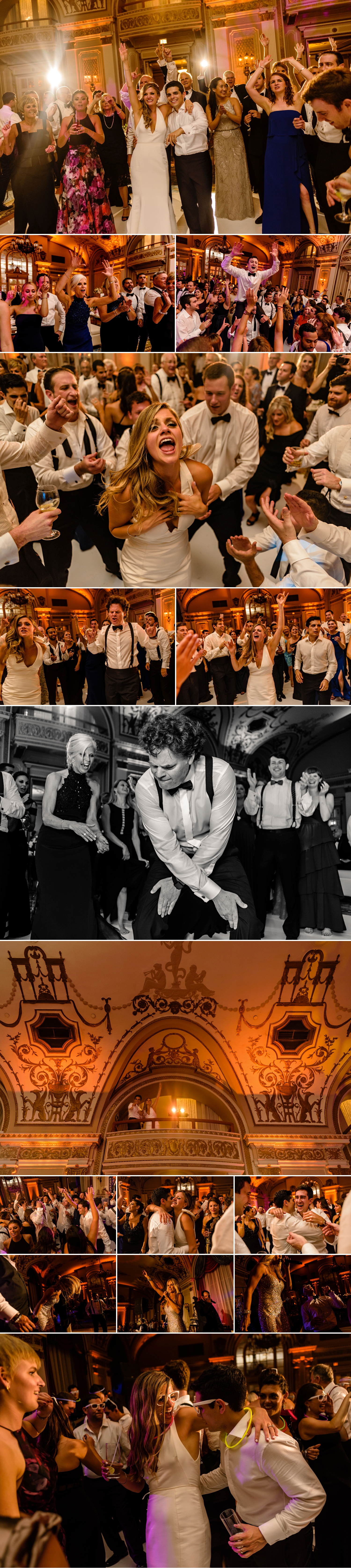 photos of candid bride and groom moments on the dance floor during a jewish wedding at the chateau laurier wedding in ottawa ontario