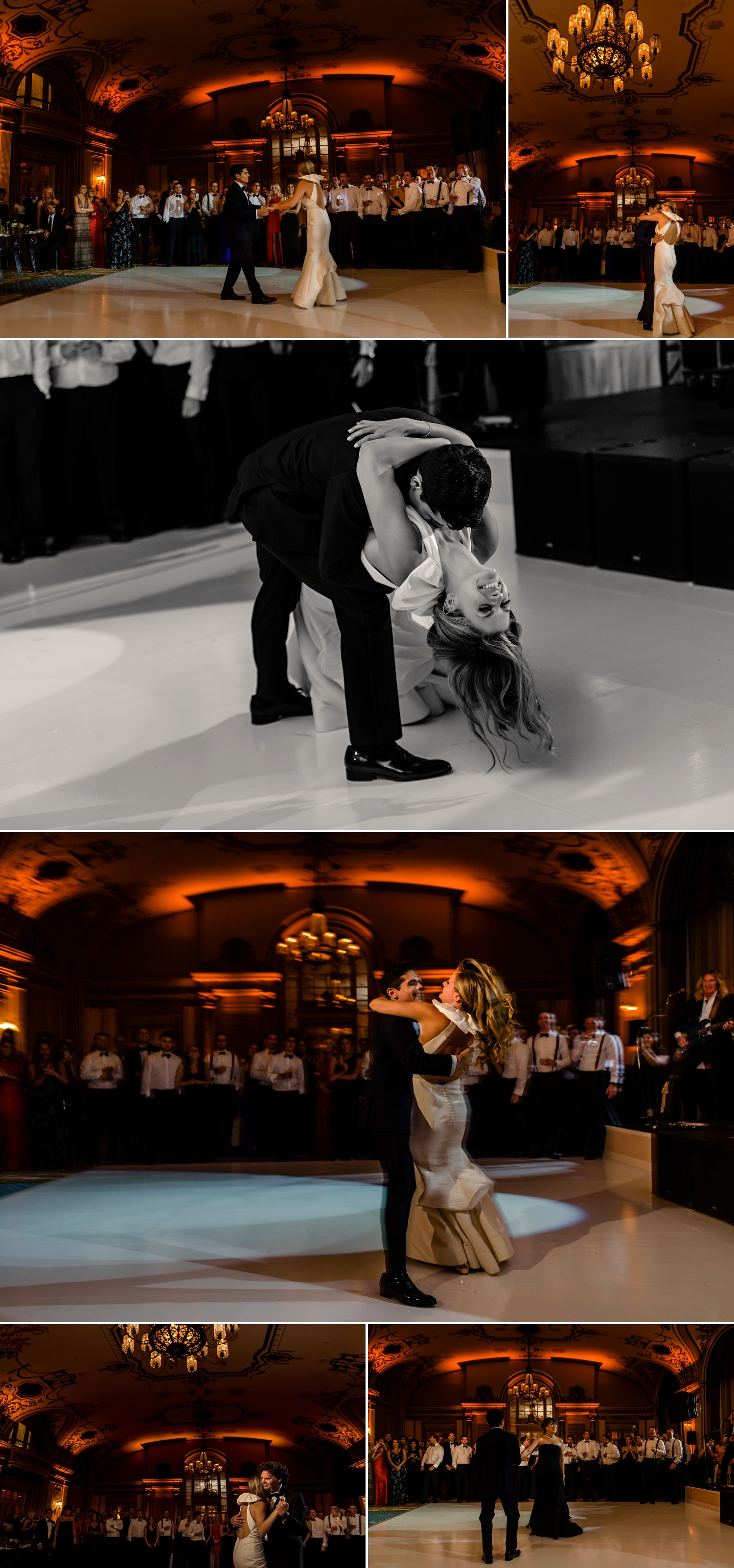 photos of bride and groom and parents having their first dances during a jewish wedding at the chateau laurier wedding in ottawa ontario
