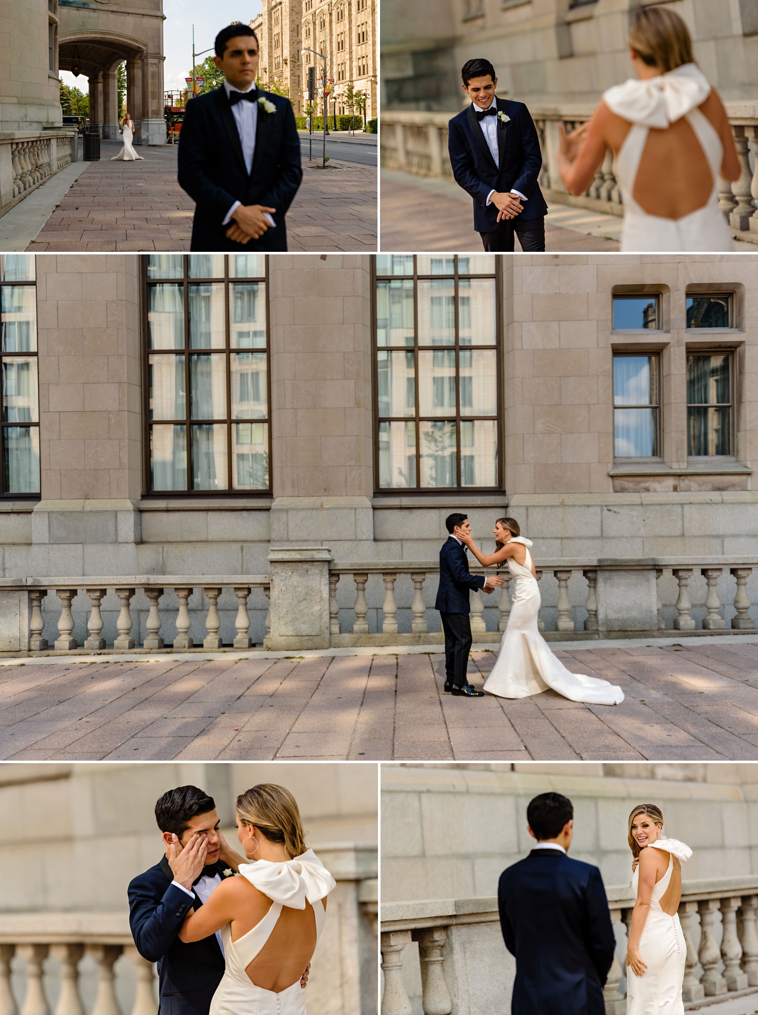 photos of the bride and grooms first look before a jewish wedding ceremony at the chateau laurier wedding in ottawa ontario