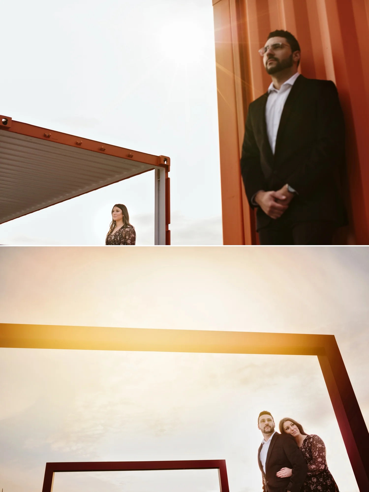 photos of engaged couple near the zibi project in ottawa ontario after sunset