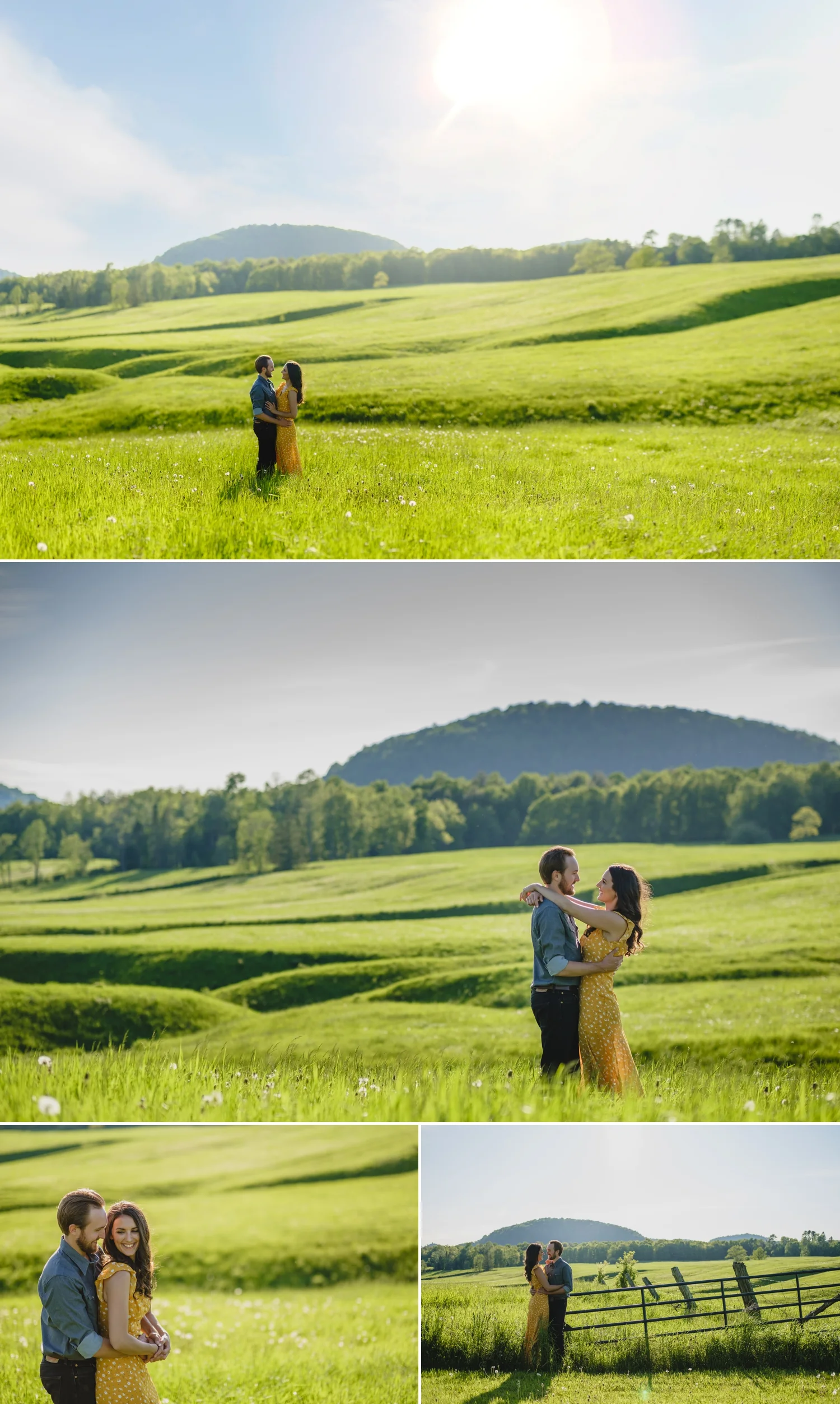 country couple posing for enagement photos in a beautiful farm field