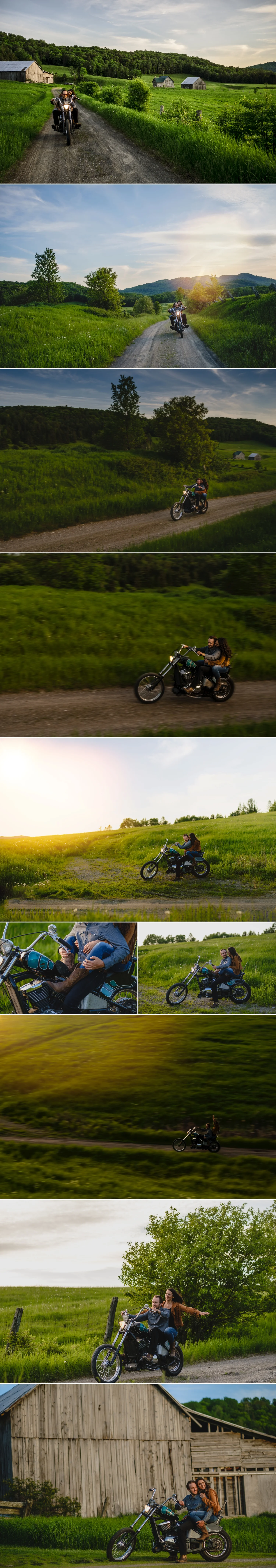 engaged couple riding vintage chopper motorcycle harrington quebec