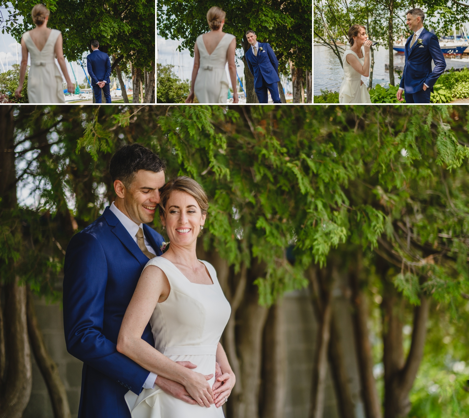 bride and groom have their first look before a wedding ceremony at the britannia yacht club in ottawa ontario