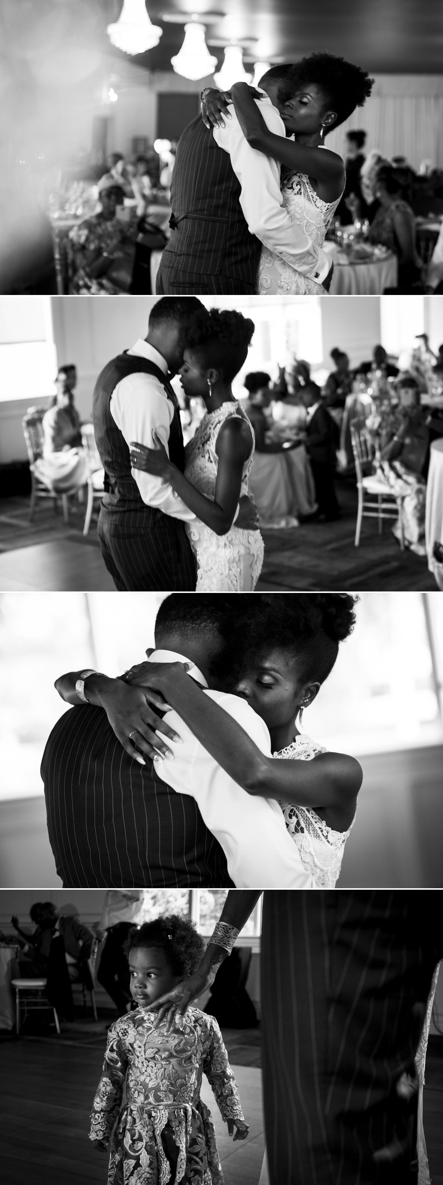 black and white wedding photos of a first dance at orchard view
