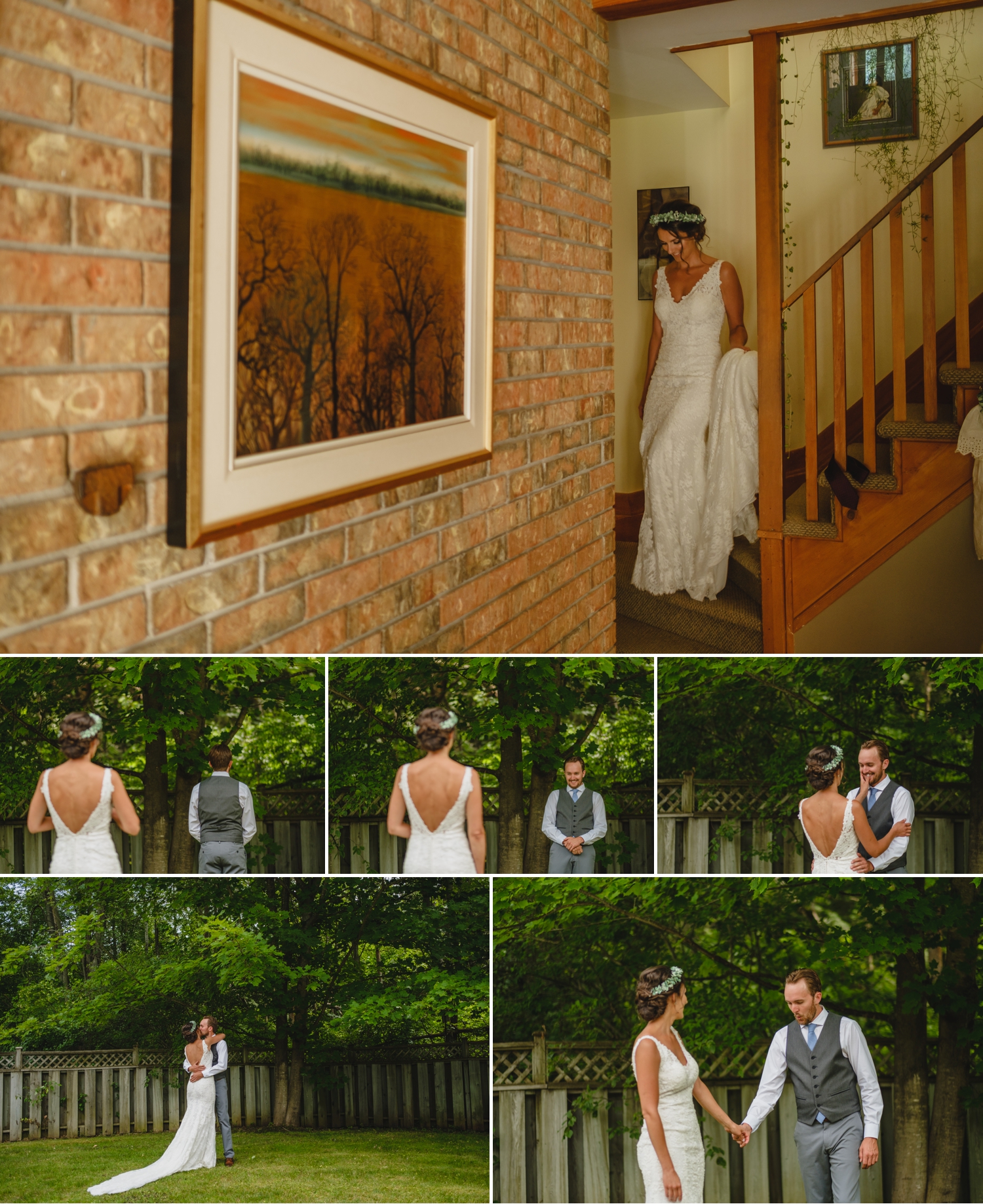 bride and groom have their first look before metcalfe ontario wedding