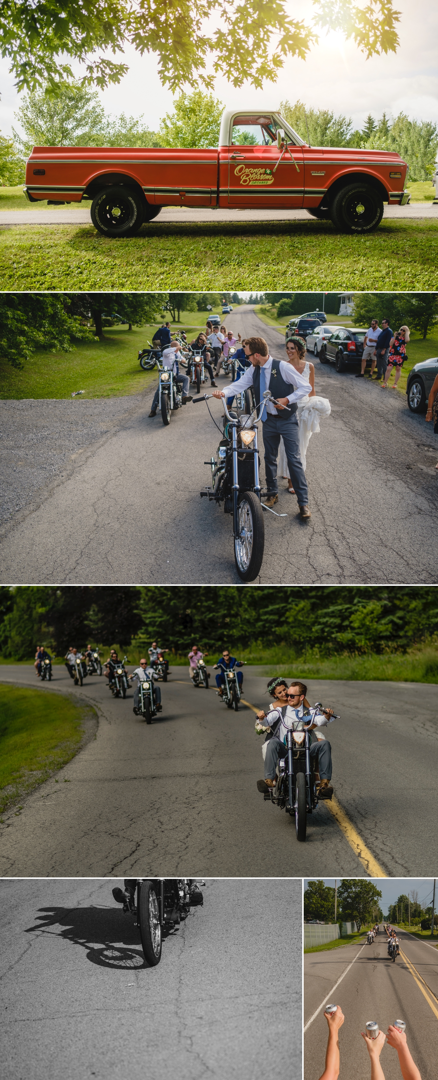 bride and groom drive their chopper bikes to a metcalfe ontario wedding reception