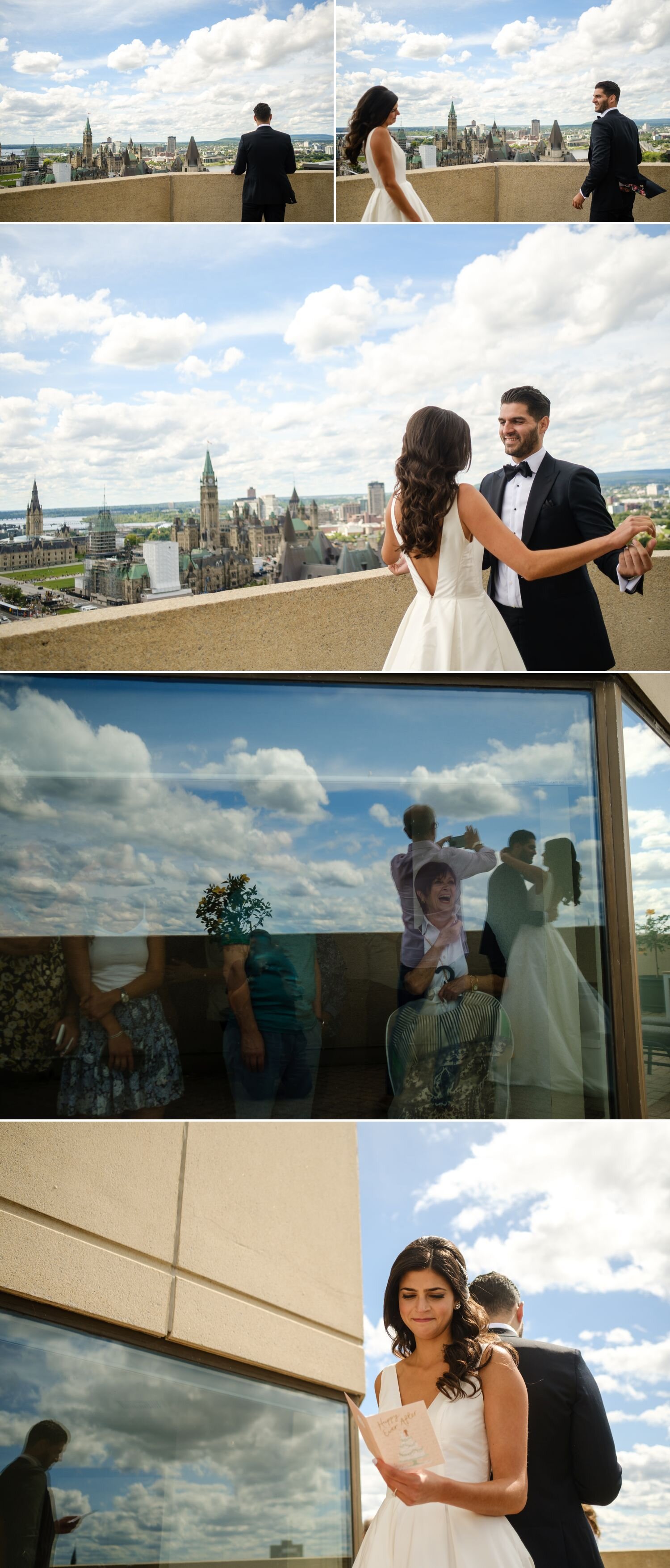 bride and groom have their first look on the roottop of the westin hotel with ottawa in the background