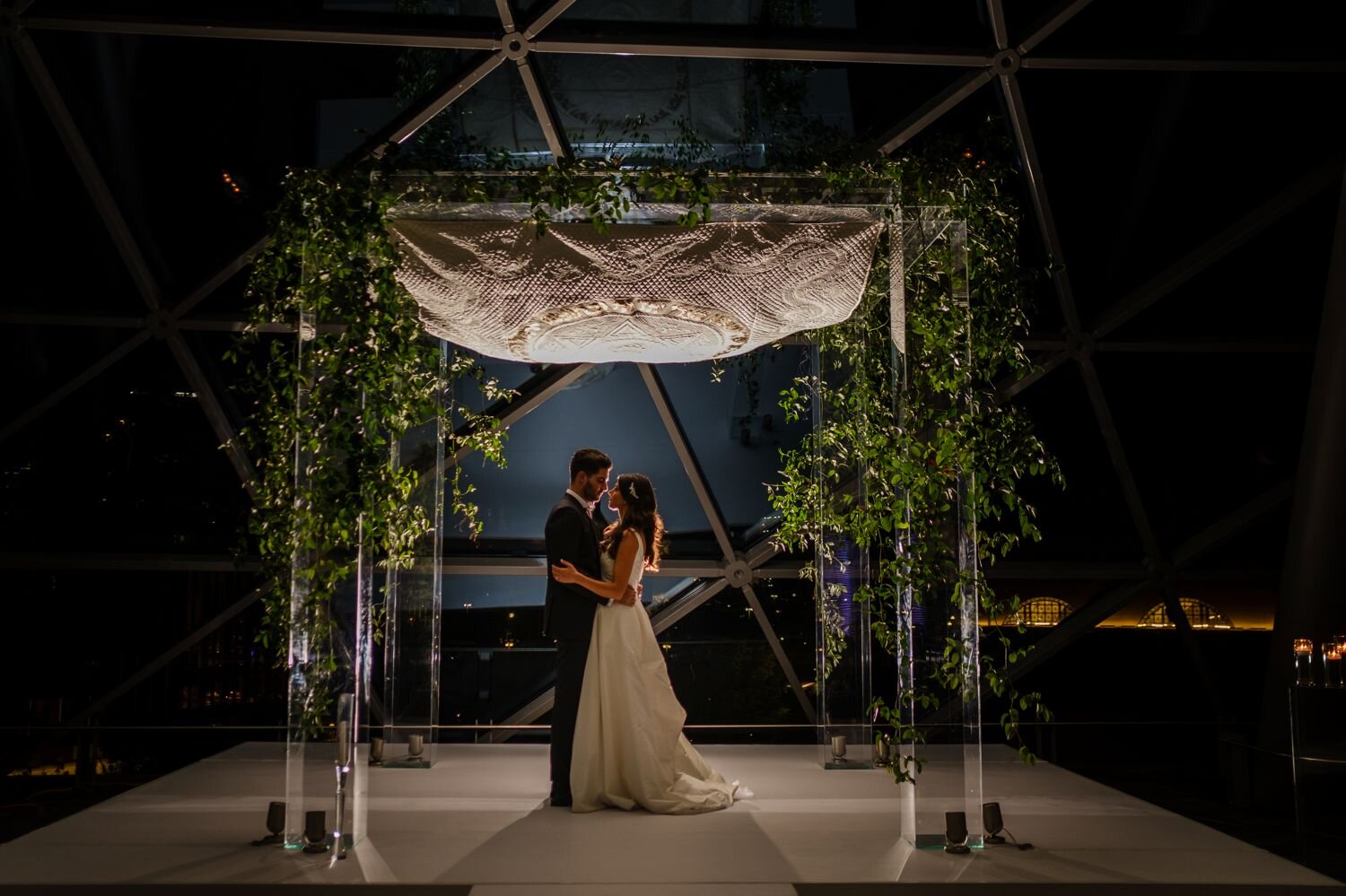 bride and groom night portrait during a wedding at the shaw centre in ottawa