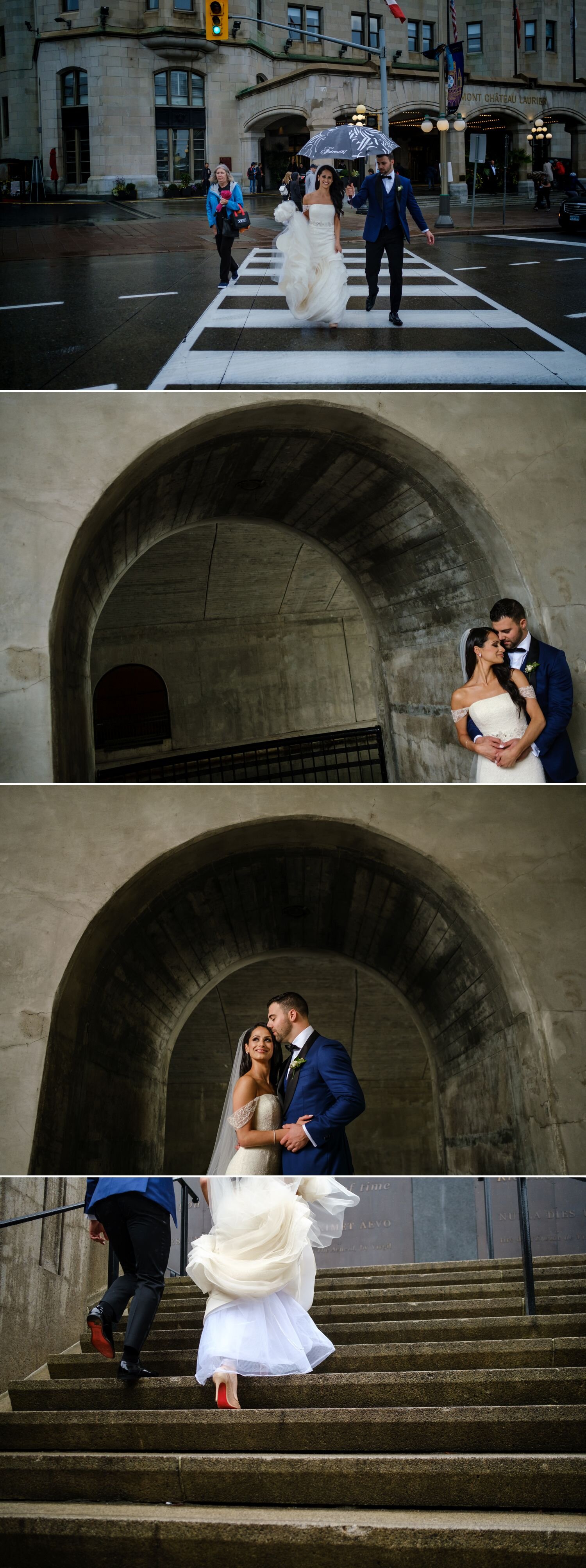 bride and groom wedding portraits on a rainy day in ottawa