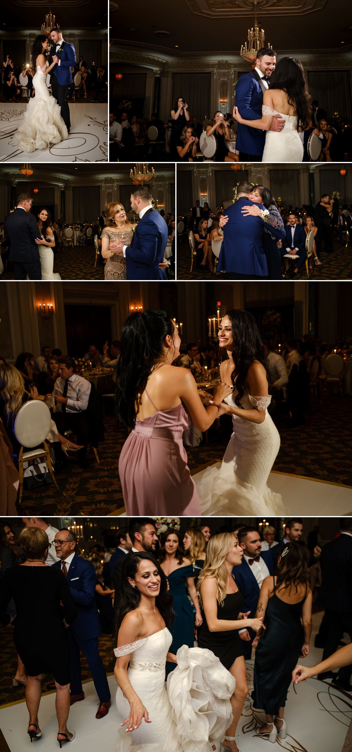 candid moments on the dance floor during a wedding reception in the drawing room at the fairmont chateau laurier