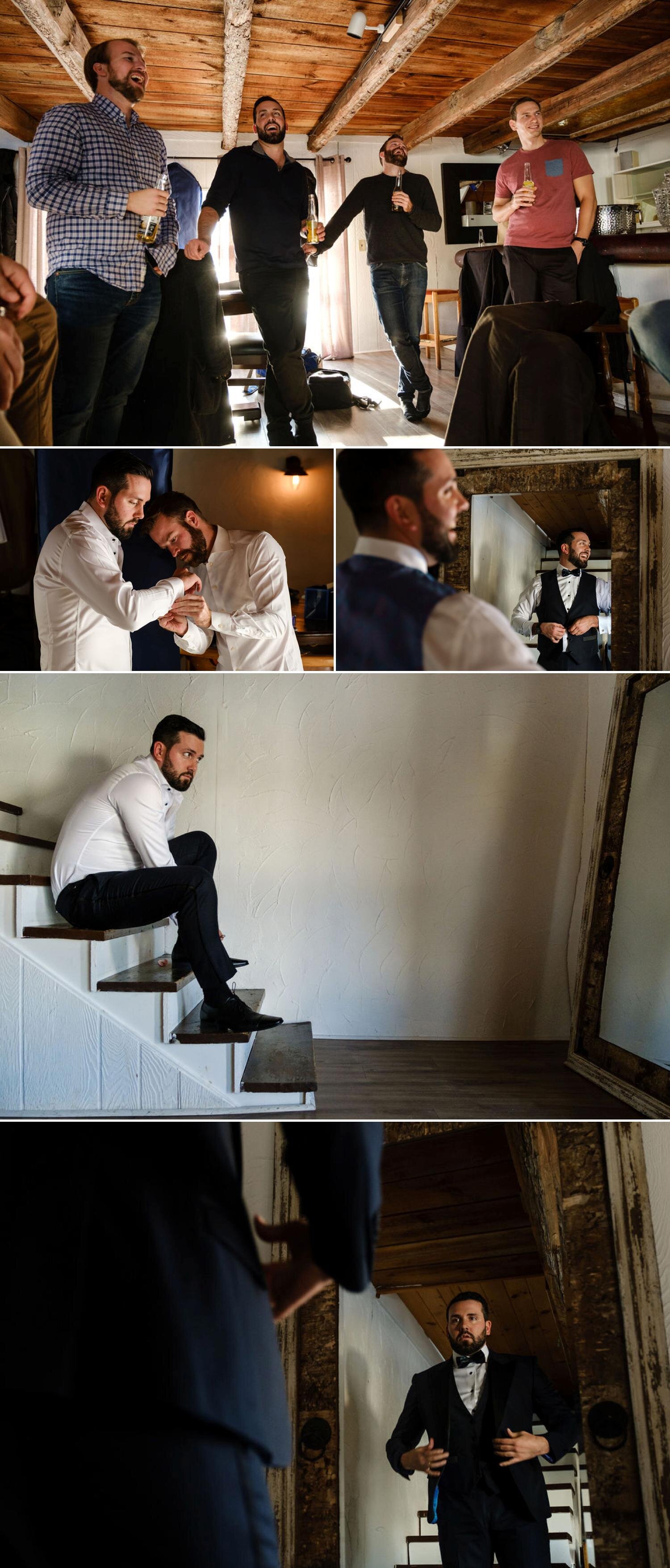 photos of the groom and groomsmen getting ready for a  wedding in the pub at stonefields