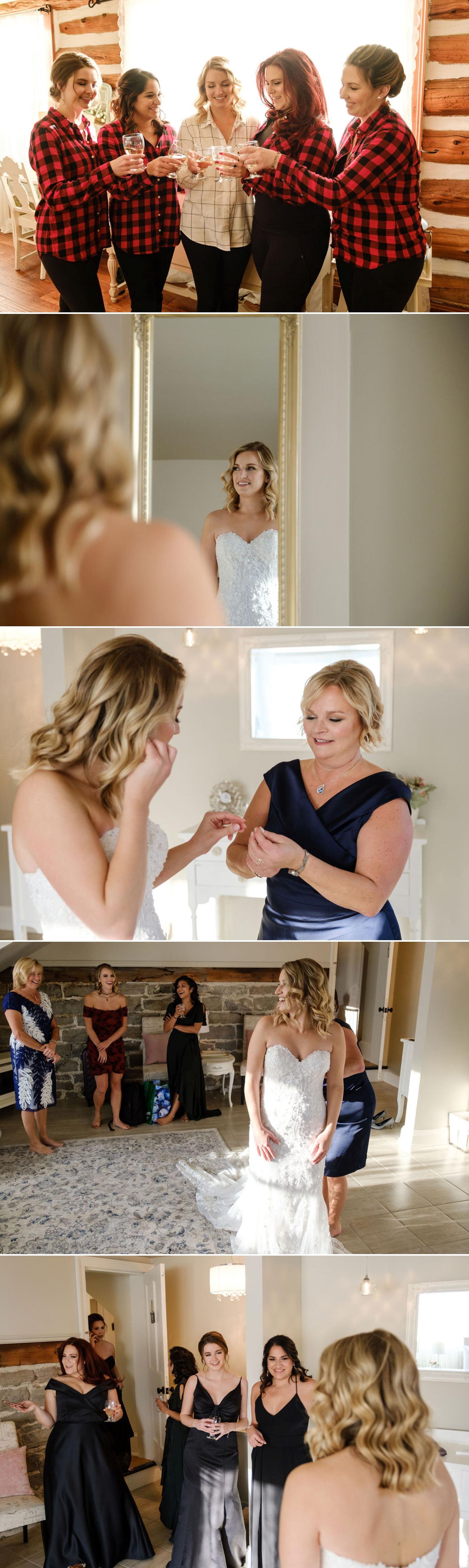 photos of a bride getting ready for her wedding in the guest house at stonefields